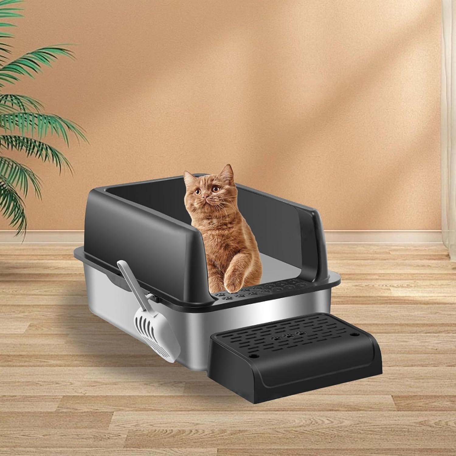 Menbyci Stainless Steel Cat Litter Box with Lid Footboard,Metal Extra Large Litter Box Self Cleaning,High Side Enclosure Cat Litter Tray for Big Kitty,Cat Scooper for Litter Boxes,24X16X12In (Black) image number 4