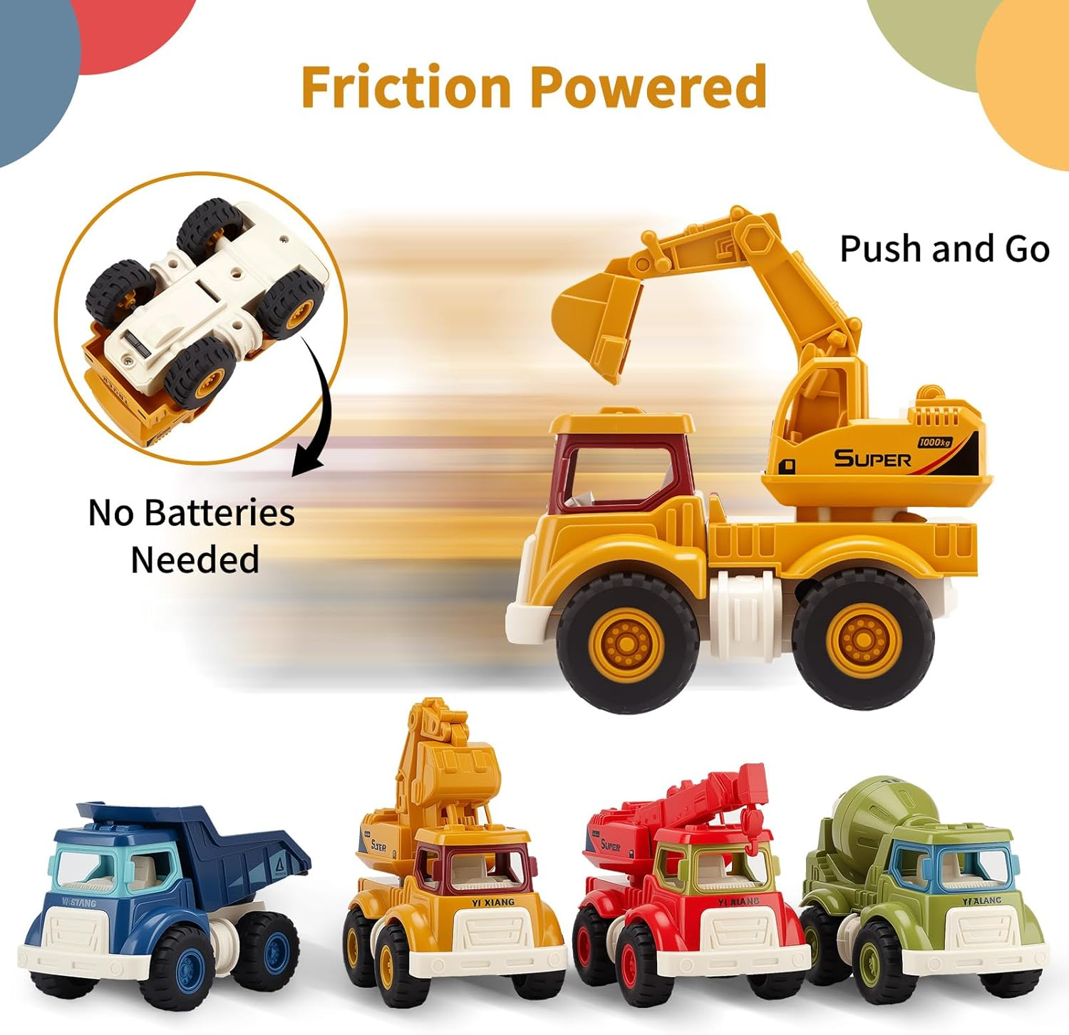 CYZAM Construction Toys for 3 Years Old Boys Girls, 4 PCS Push & Go Construction Truck Toy Vehicle Sandbox Excavator, Dump, Crane, Cement Mixer Truck, Gift Toy for Toddlers Kids 3 4 5 6 7 8 Years Old image number 5