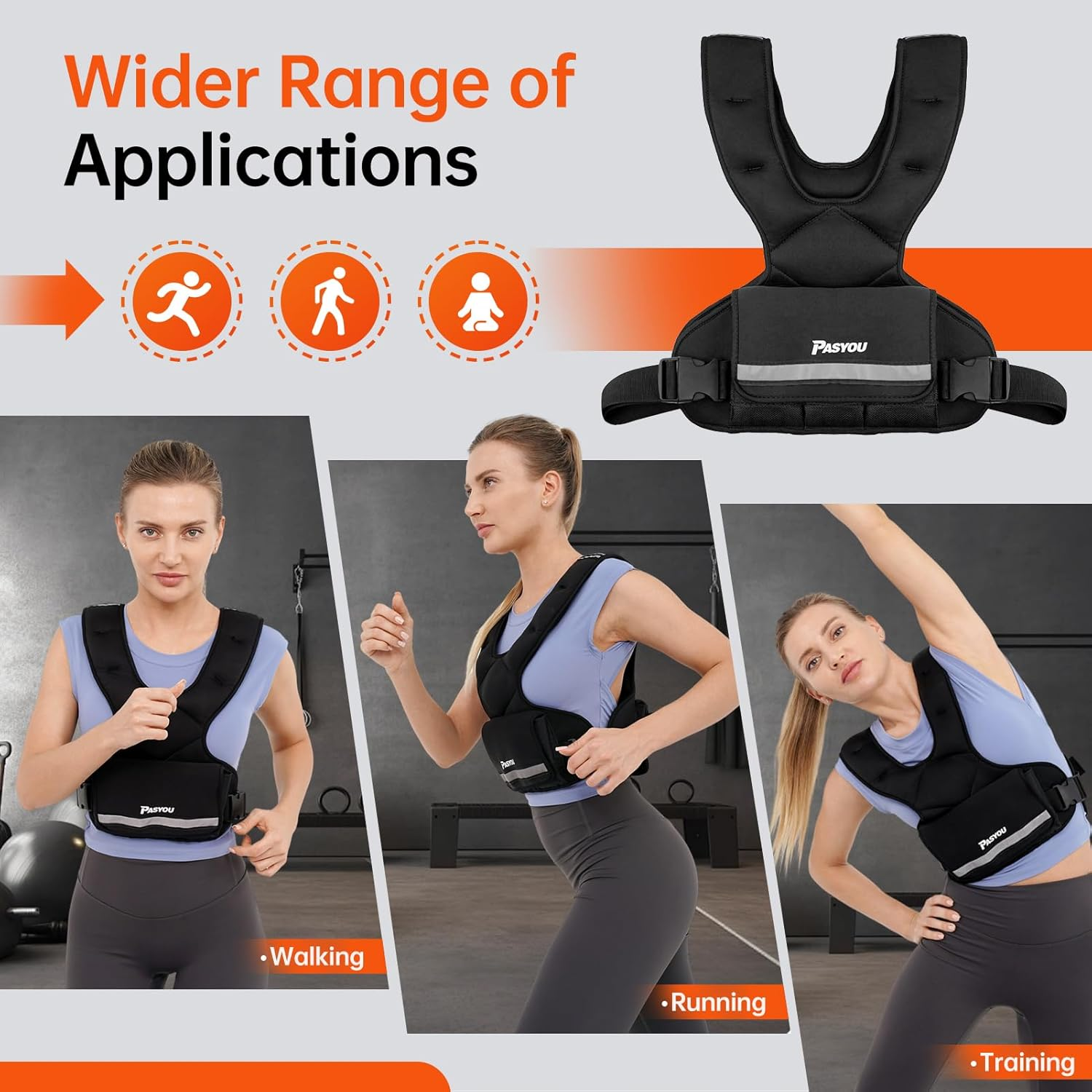 PASYOU Adjustable Weighted Vest 10LB-22LB with Reflective Strip Body Weight Vest with 6 Ironsand Weights 2 Ankle Weights for Men Women Running Weights Vest for Cardio Strength Training Walking Black image number 3