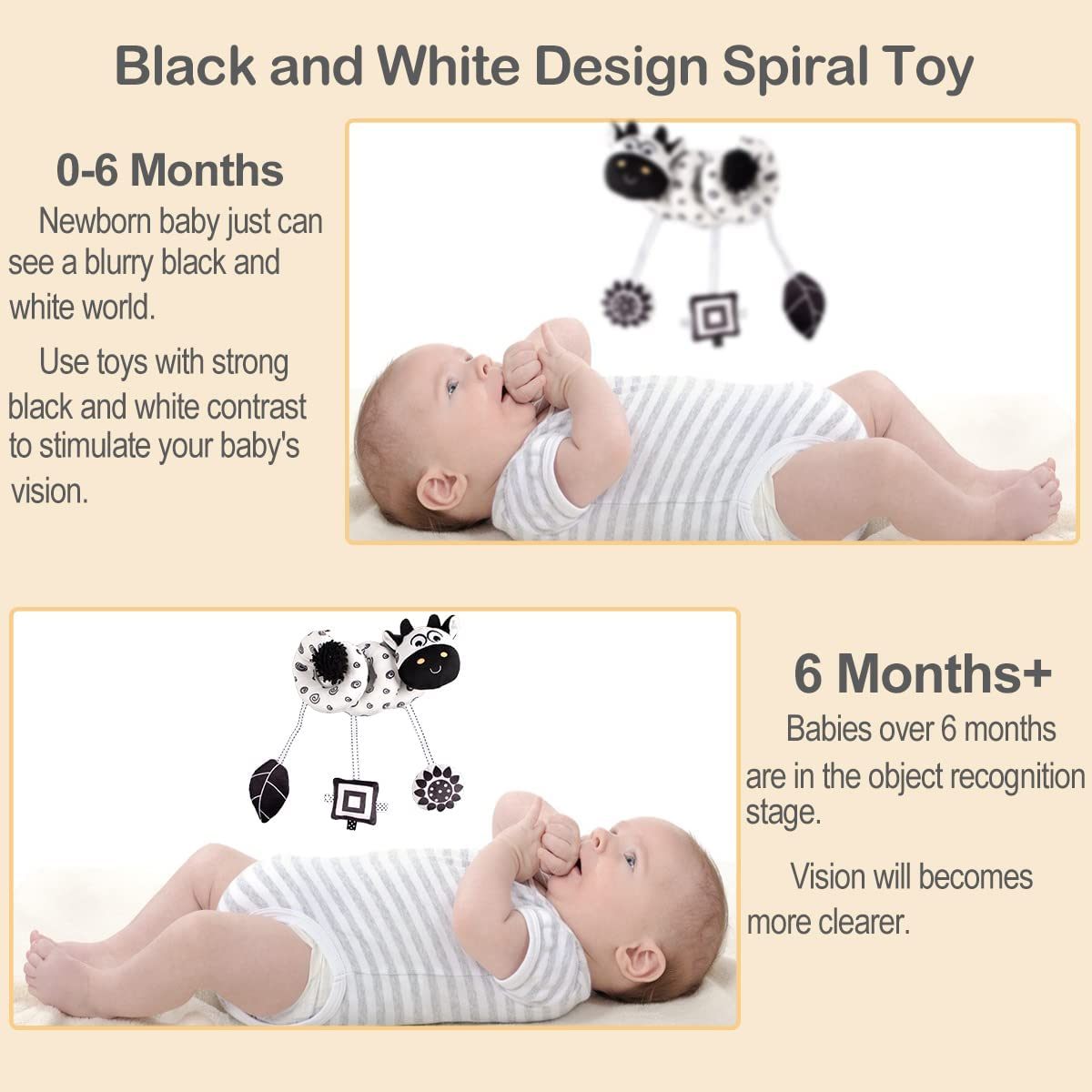 Baby Hanging Stroller Toy, Animal Spiral Plush Circle Activity Car Seat Travel Toys, Black and White Squeak Early Educational Toy for Newborn Boys or Girls image number 1