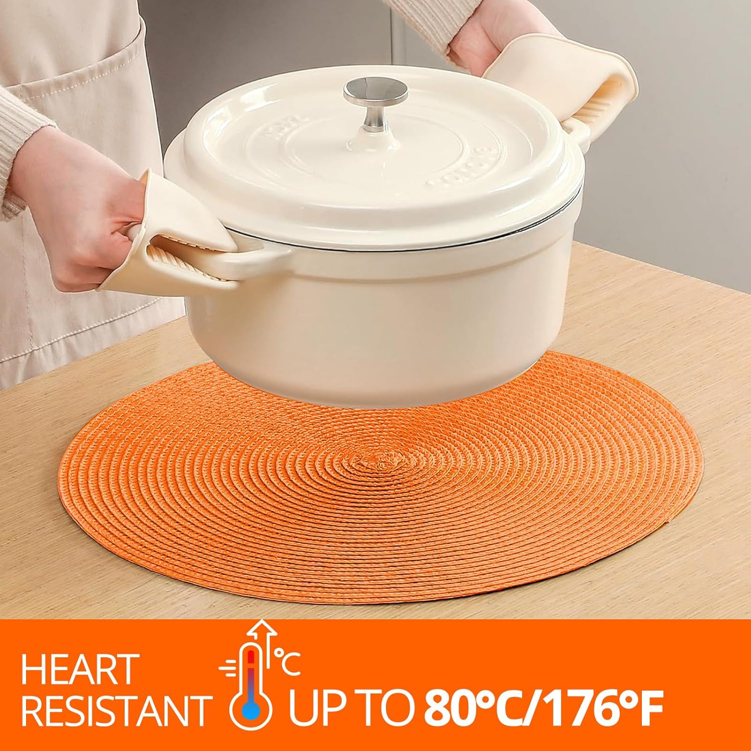 Round Braided Placemats Set of 4 15 Inch round Table Mats for Dining Table Heat Resistant Non-Slip Circle Place Mats (Orange) - Brown-4 image number 3