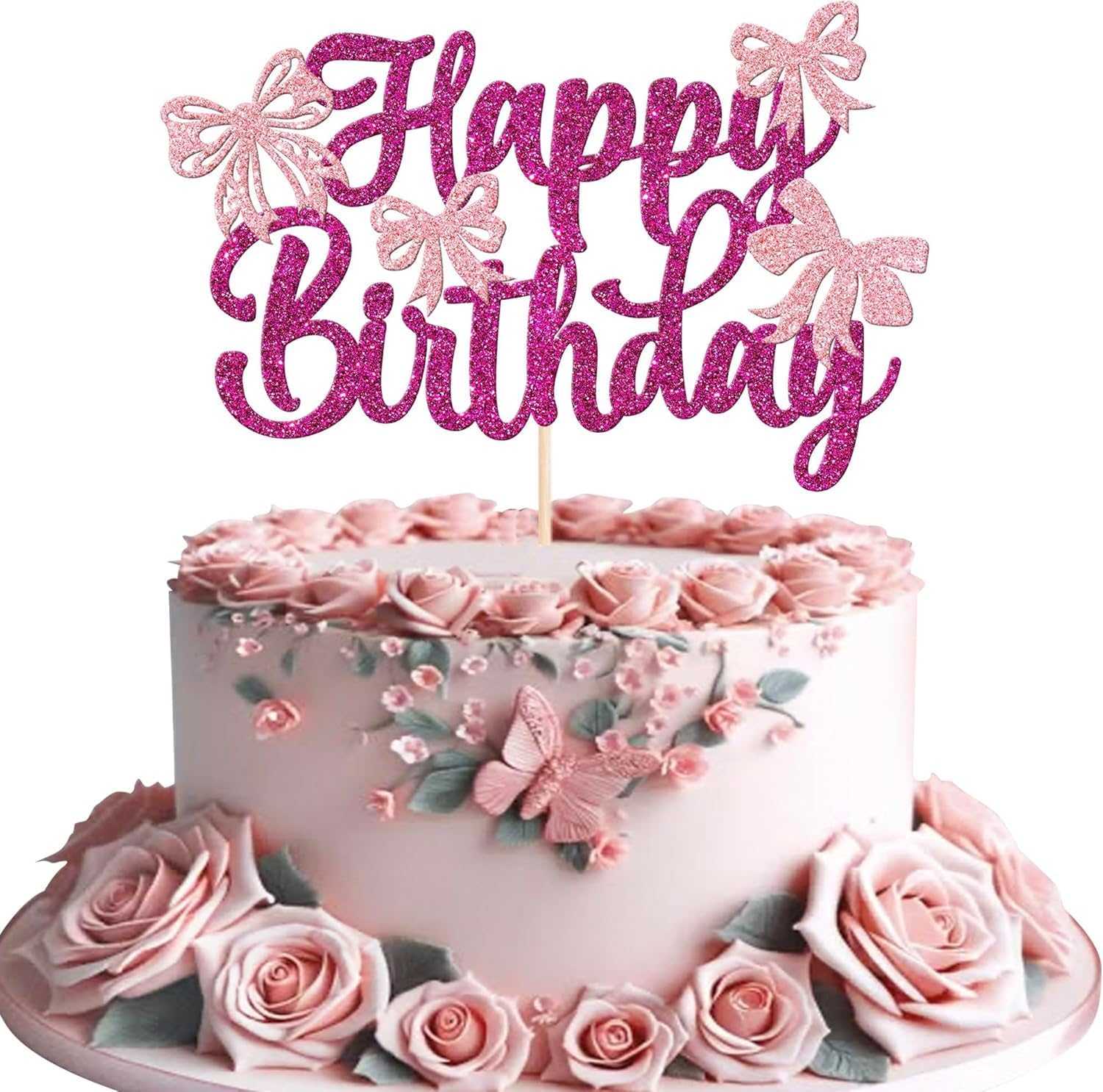 SYKYCTCY 1 Pack Bow Happy Birthday Cake Topper Glitter Coquette Cake Pick Decorations for Girls Women Birthday Theme Baby Shower Party Supplies (Pink)
