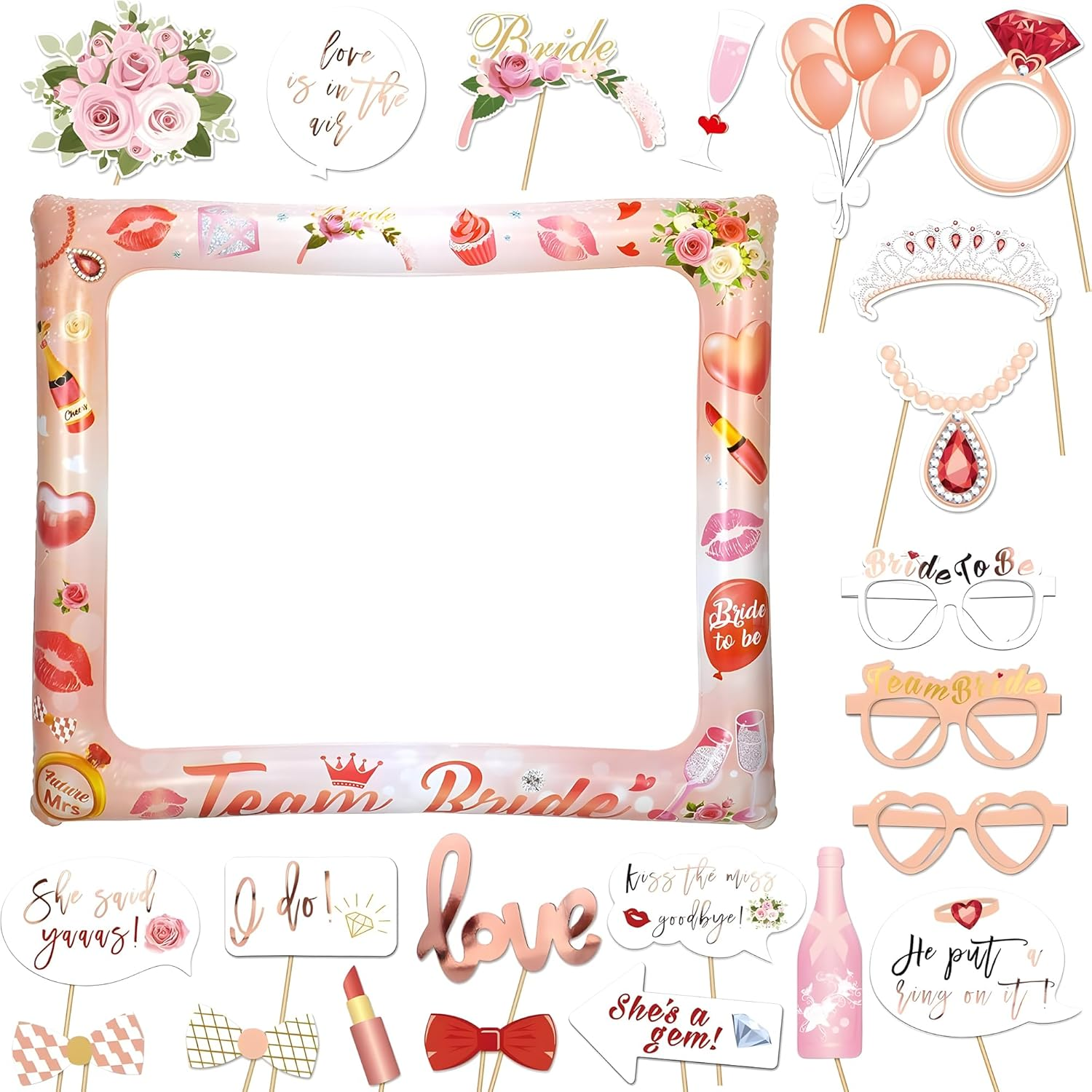 23Pcs Rose Gold Hen Party Photo Booth Props with 1Pc Giant Inflatable Team Bride Selfie Frame, Photo Booth Frame Kit for Hens Night Decor & Bridal Shower Accessories image number 6