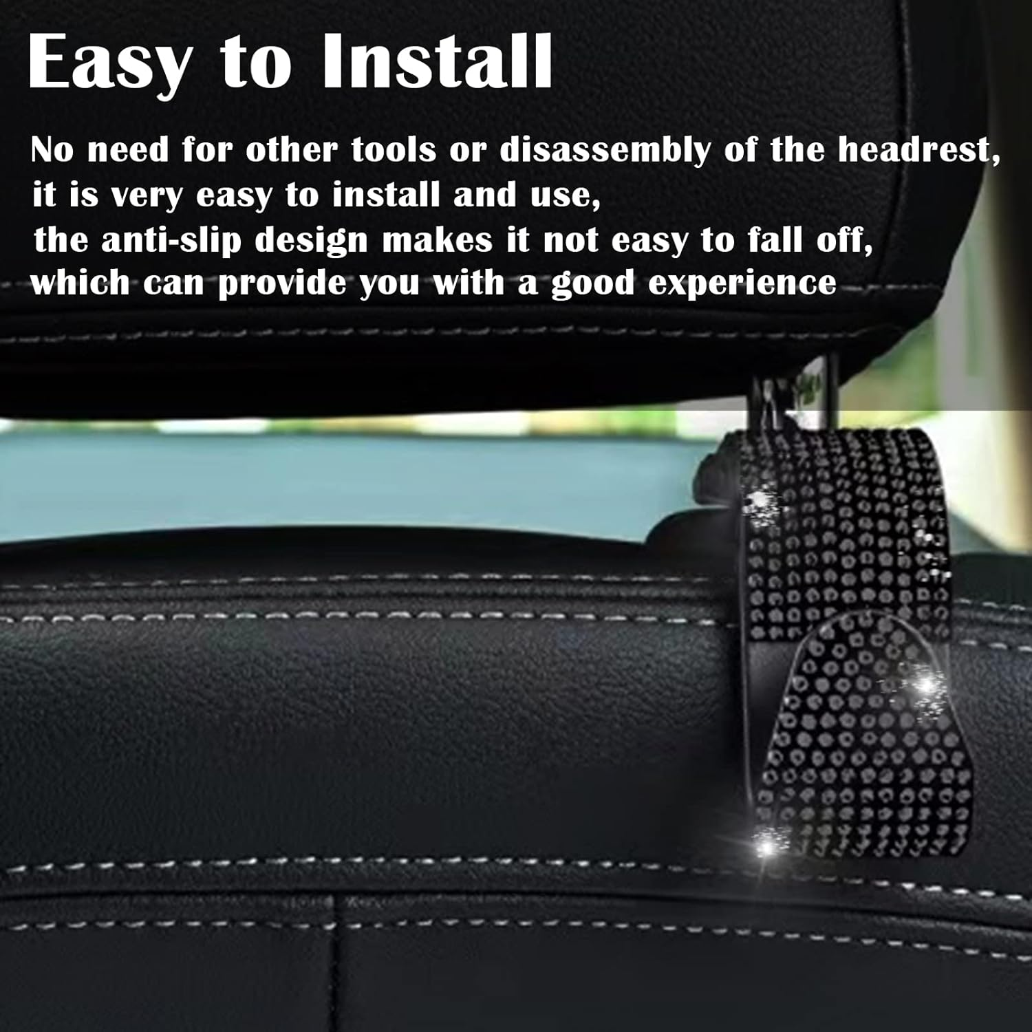 2PCS Car Seat Hooks - Bling Rhinestone Headrest Hooks with Universal Design - Perfect for Holding Handbags, Clothes, Purses, and Water Bottles - Black image number 4