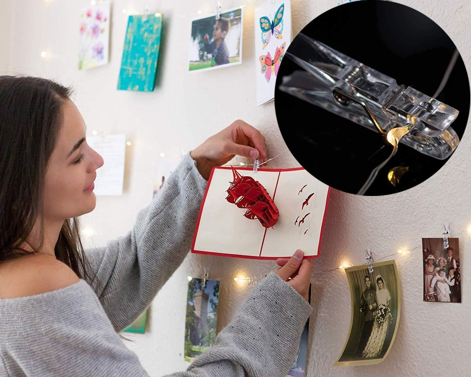 Photo Clip String Lights 33Ft - LECLSTAR 100 LED Fairy String Lights with 50 Clear Clips for Hanging Pictures, String Lights with Clips USB Powered Switch - Perfect Bedroom Decor Weddingg Decorations image number 5