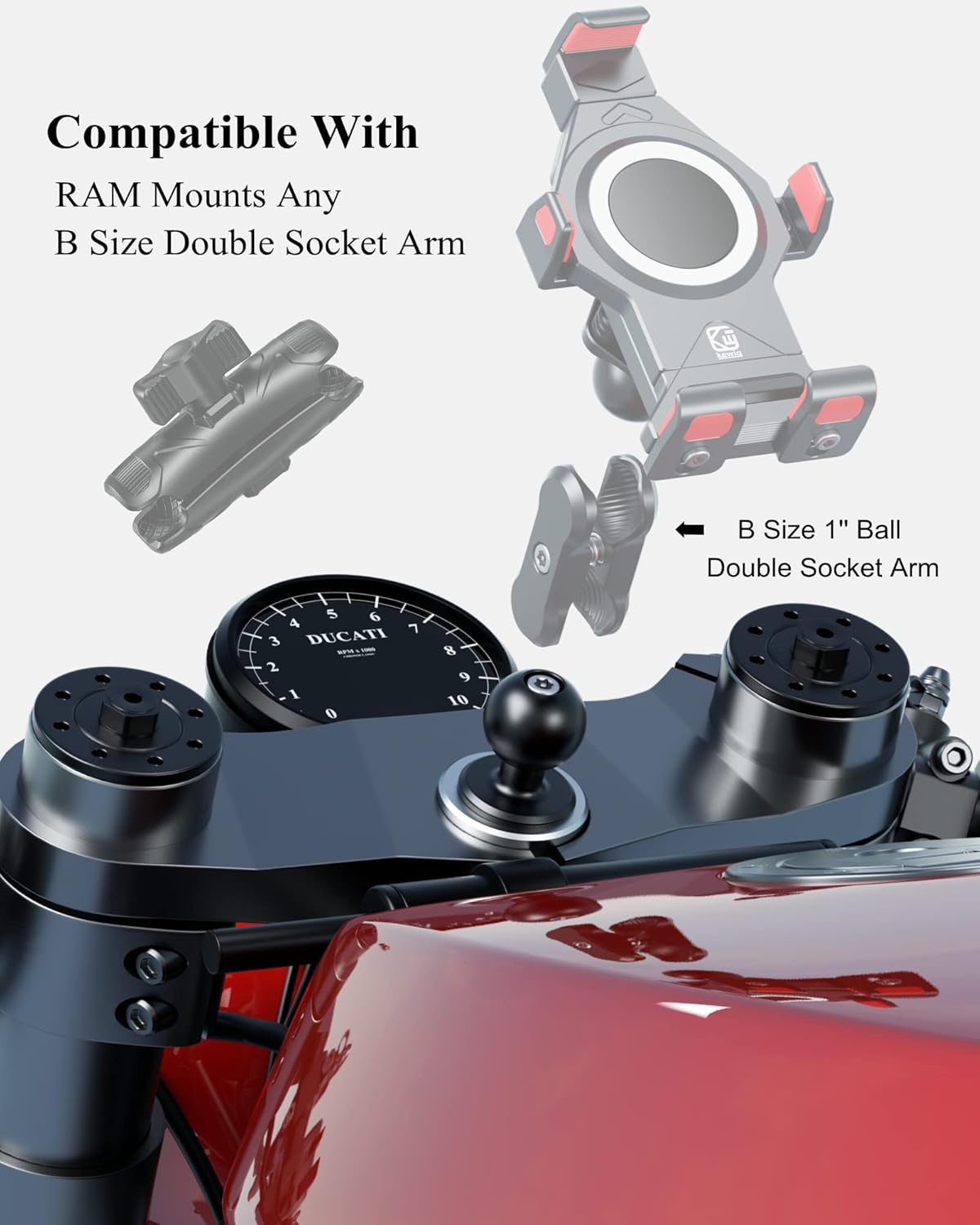 BRCOVAN Metal Motorcycle Fork Stem Mount Base with 1'' TPU Ball for Stem Holes 12Mm to 25.4Mm in Diameter, Compatible with RAM Mounts B Size 1 Inch Ball Double Socket Arm image number 5