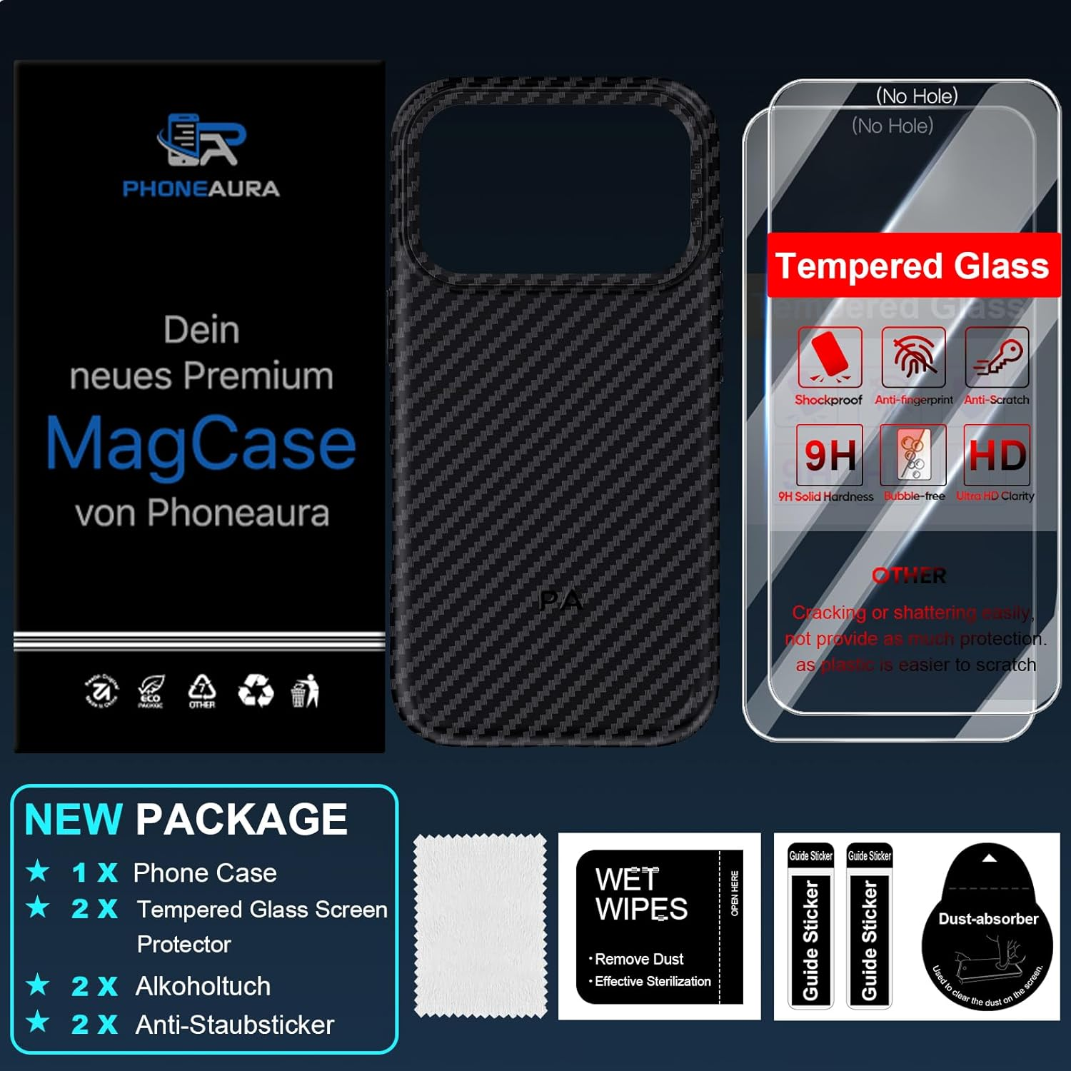 Phoneaura Magcase Deluxe Carbon Case for Iphone 17 Pro, Compatible with Magsafe, Carbon Case, Iphone 17 Pro, Protective Glass Case, Mobile Phone Case (Carbon Look + 2 Protective Glasses + 1 Camera image number 6