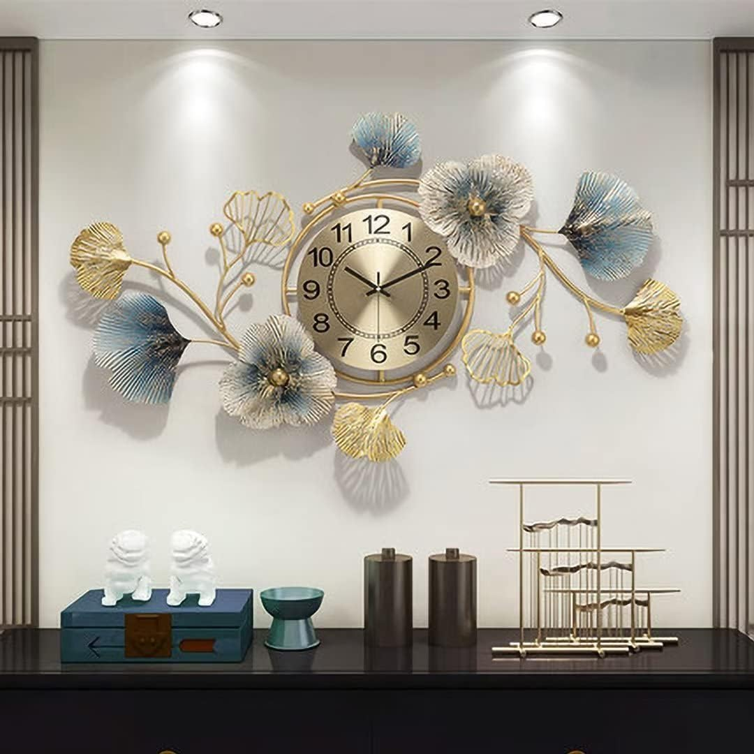 Fmnnfp Large Wall Clock 37 Inch Creative Metal Ginkgo Leaf Design Wall Clock Silent Non Ticking Decoration Wall Clocks for Living Room Bedroom Home - 20X37In image number 2