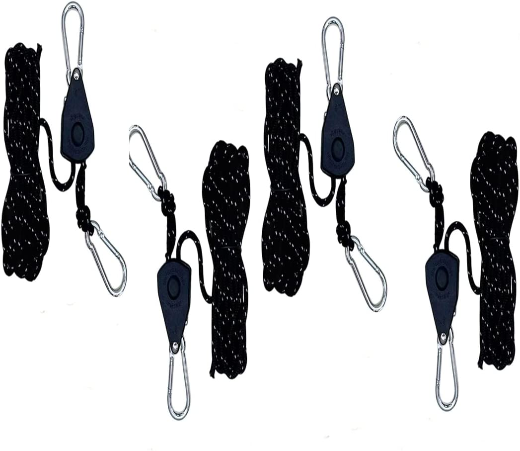 Heavy Duty Adjustable Grow Light Ratchet Rope Hanger for Grow Light Fixtures, Black（4Pcs）