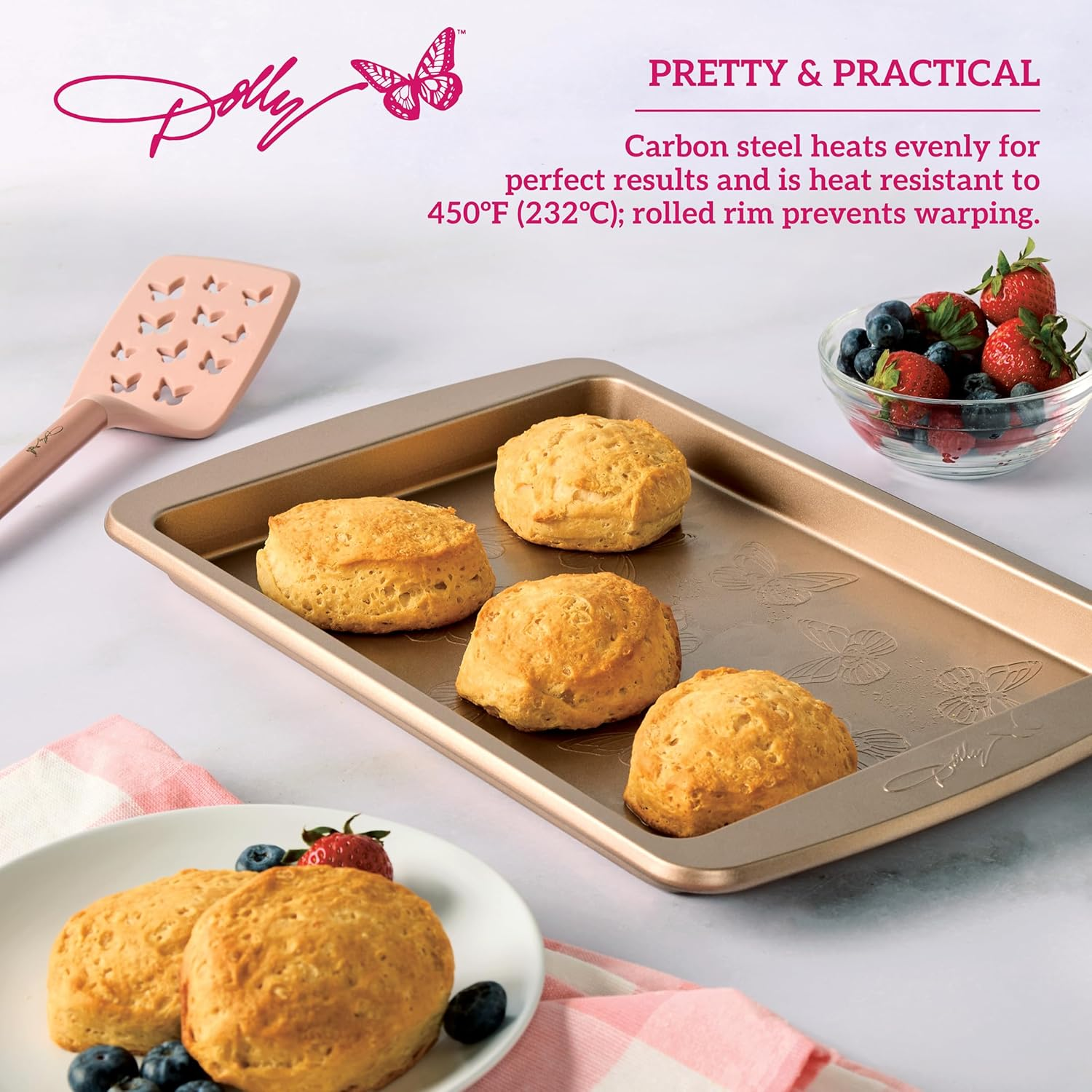 Dolly Parton Butterfly Stamp Small Baking Sheet &ndash; Carbon Steel Nonstick Bakeware with Textured Butterfly Design, Durable Rolled Rim, Oven Safe to 450F, Perfect for Cookies, Pastries and Pizza image number 3