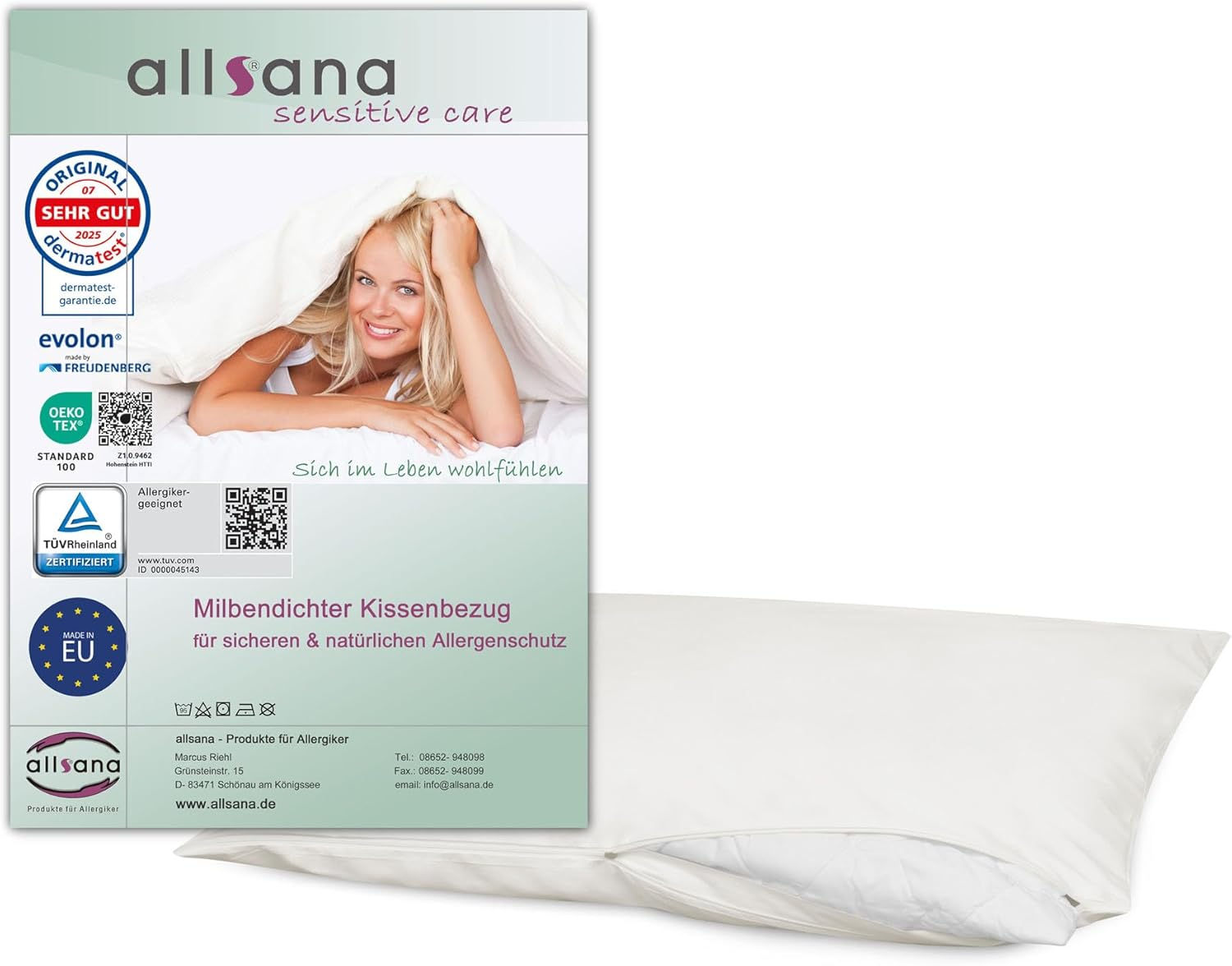 Allsana Allergy Sufferers Pillowcase 40 X 60 Cm | Allergy Bed Linen | anti Mite Encasing | Mite Protection for House Dust Allergy Sufferers | Allergy-Proof Intermediate Cover for Pillow | T&Uuml;V Tested image number 2