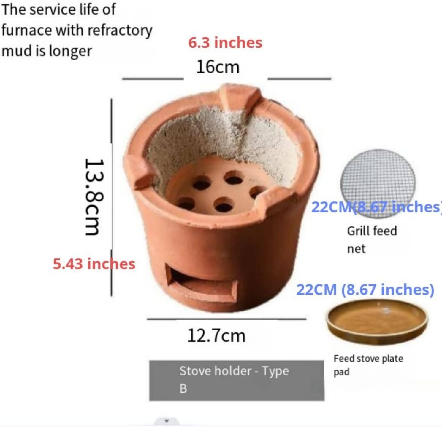 EUCOLO Charcoal Stove, 16CM Diameter, Red Clay Ceramics, Portable, Outdoor Picnic, Tea Cooking, Water Boiling