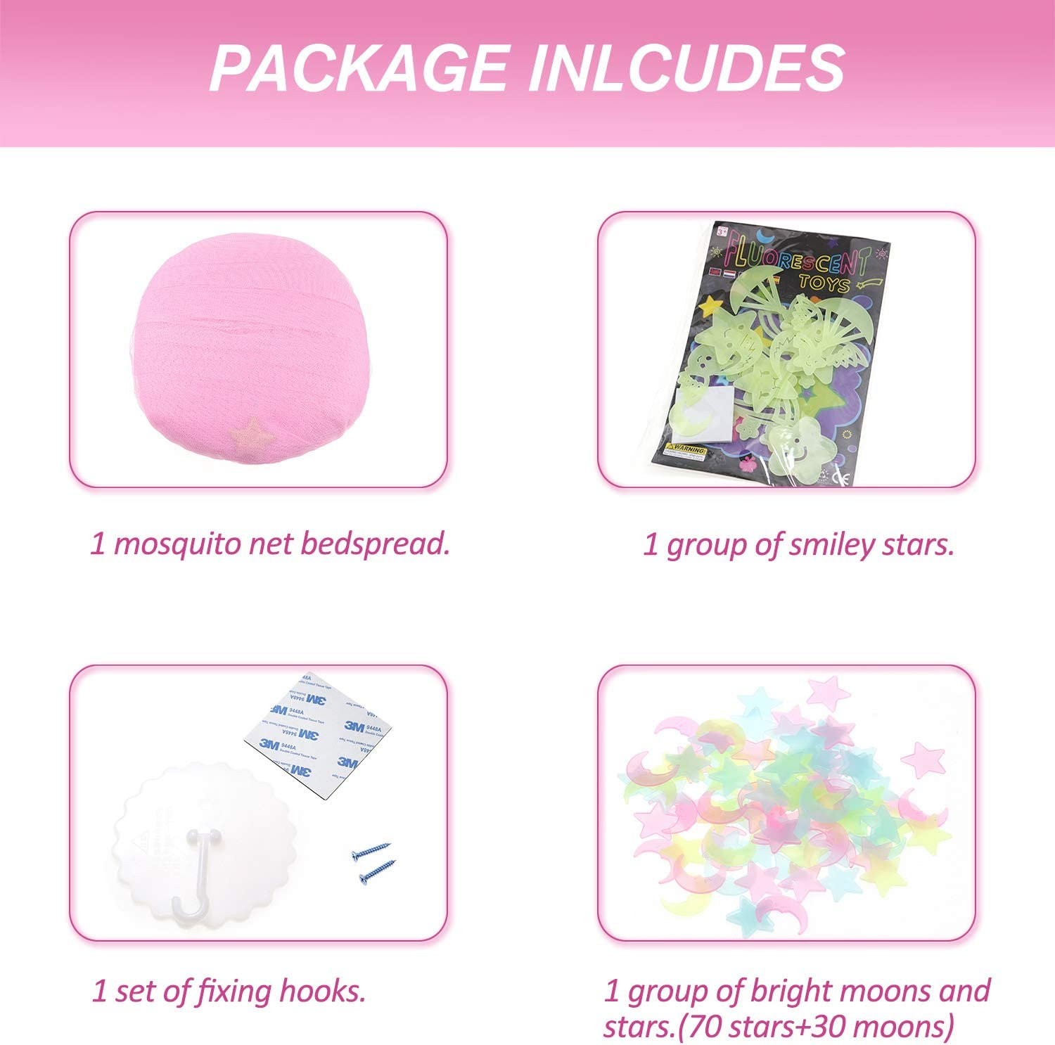 Bed Canopy for Girls with Glow in the Dark Stars Moons, Princess Canopy Dome Mosquito Net Birthday Gifts for Kids Bedroom Decor Pink image number 2