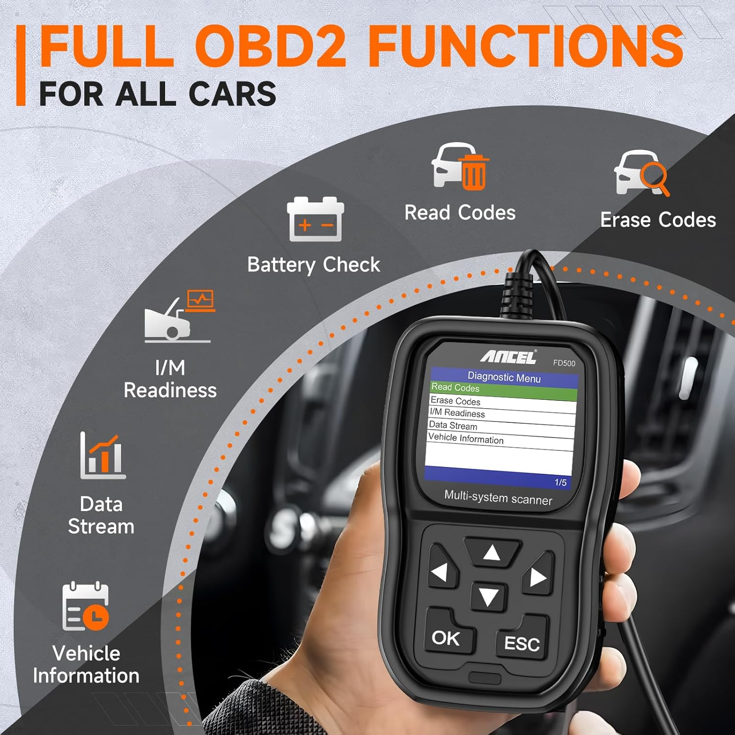 Ancel FD500 OBD2 Scanner Fits for Ford Lincoln Mercury - All Systems Code Reader with Engine, ABS, SRS, Transmission, 4WD Diagnostics - Scan Tool with EPB, Throttle, Oil Reset, Battery Registration