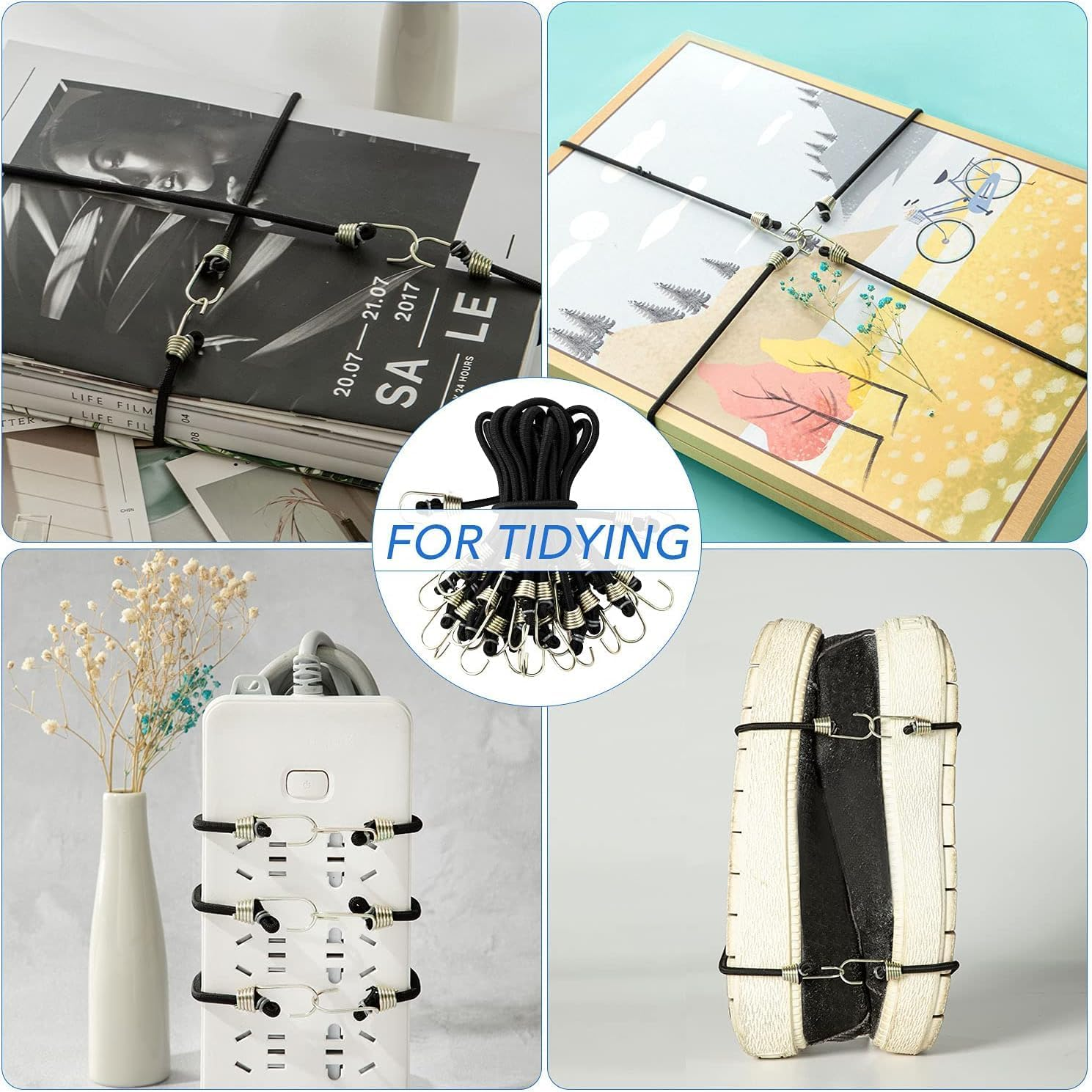 15Pcs Bungee Cords with Hooks, 9 Inch Rubber Small Black Bungee Cords with Carabiner Hooks for Camping, Bikes, Carrying and Organizing Things image number 5