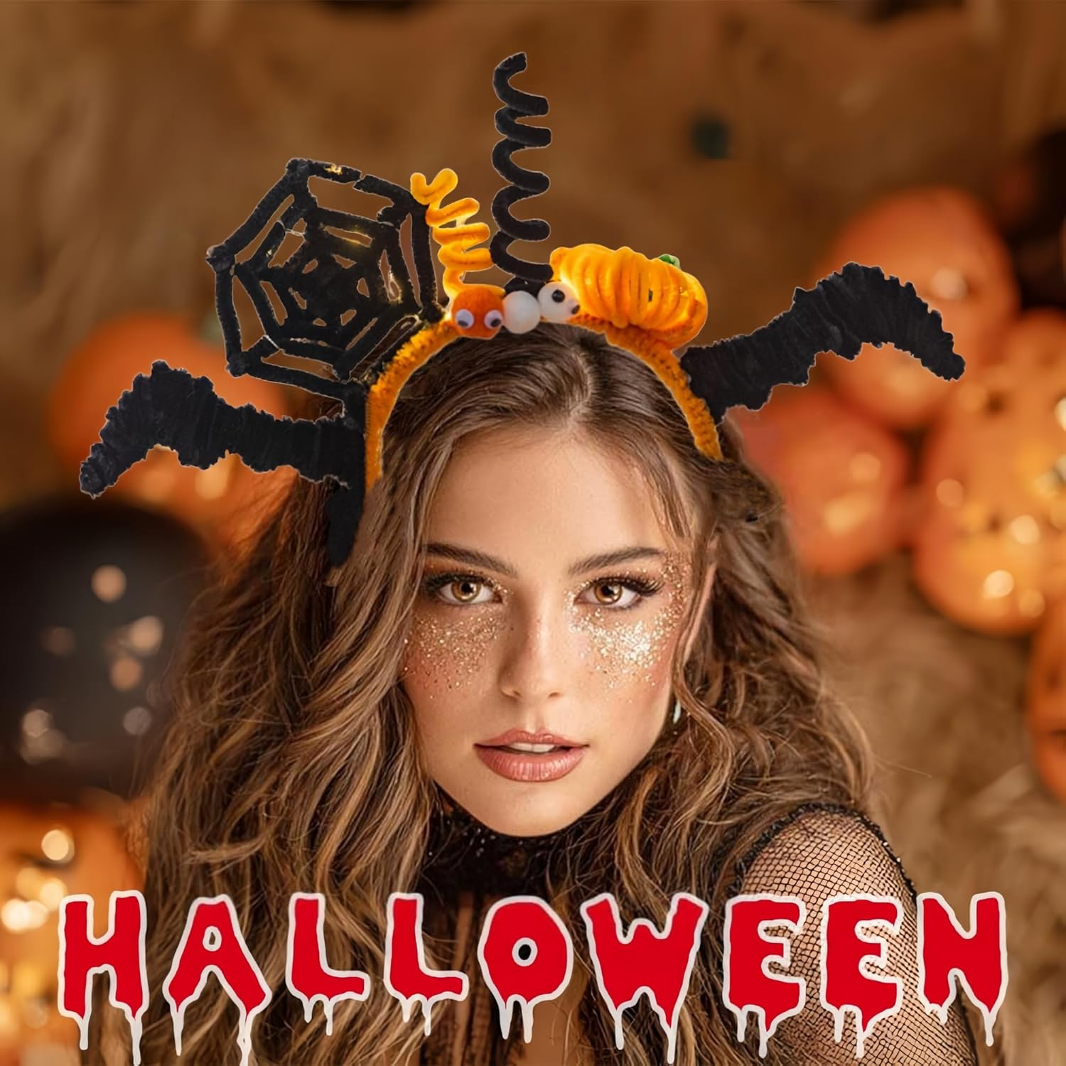 Halloween Glow-In-The-Dark Tattoo Stickers (4 Sheets), DIY Light-Up Headband & LED Spider Backpack for Halloween Makeup Trick or Treat Party Favor, Garden Indoor Decor(B)