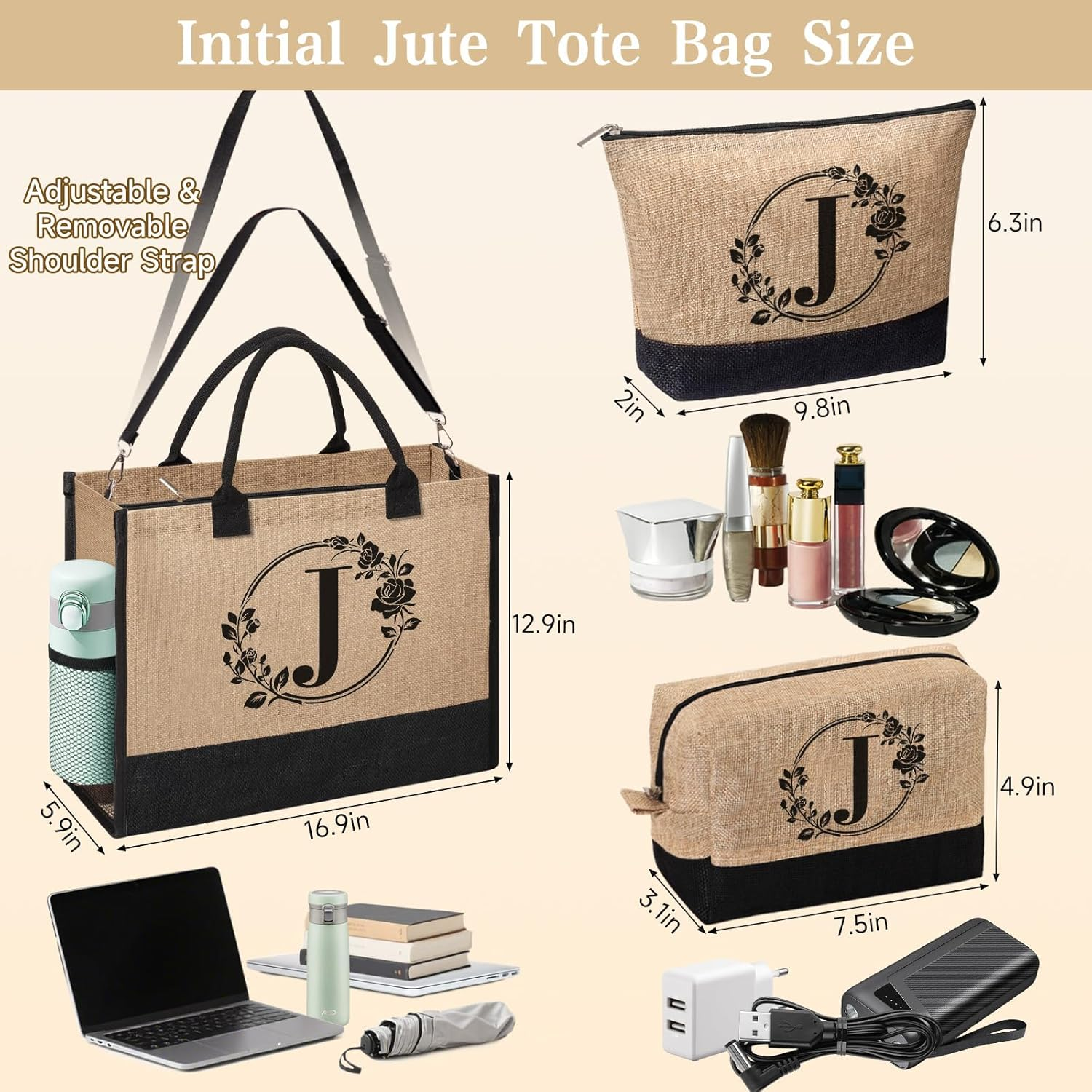 Personalized Gifts for Women, Initial Jute Tote Bag Monogrammed Beach Bag, Mothers Day & Birthday Gifts for Mom Women Friend image number 4