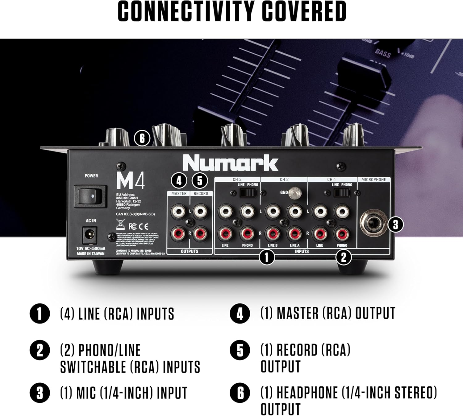 Numark M4 - 3-Channel Scratch DJ Mixer, Rack Mountable with 3-Band EQ, Microphone Input and Replaceable Crossfader with Reverse and Slope Controls - Silverblack image number 5