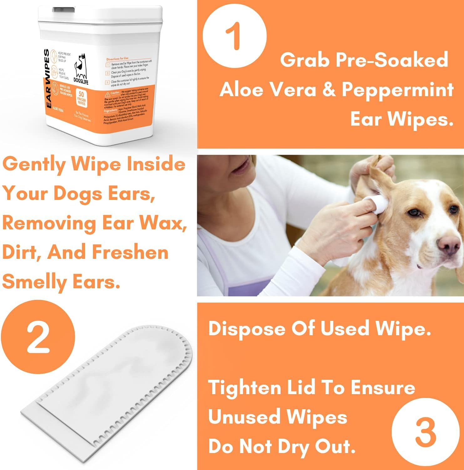 Dog Ear Wipes | Soft, Quick & Easy Ear Wipes for Dogs | Remove Wax, Dirt & Stop Smelly, Itchy Dog Ears | 50 Soothing Aloe Vera Dog Ear Cleaning Finger Wipes! image number 4