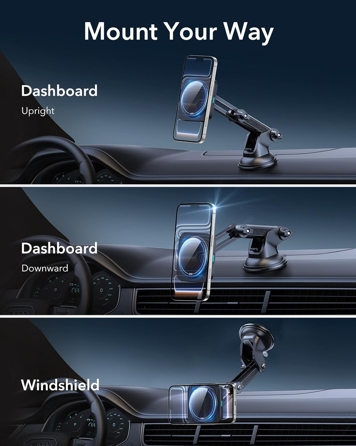 ESR for 15W Magsafe Car Mount Charger, Magsafe Car Charger, Dashboard/Windshield Magnetic Wireless Car Charger, Car Phone Mount for Iphone 17/16/15/14/Google Pixel 10/S25,Fast Charging, Black image number 3