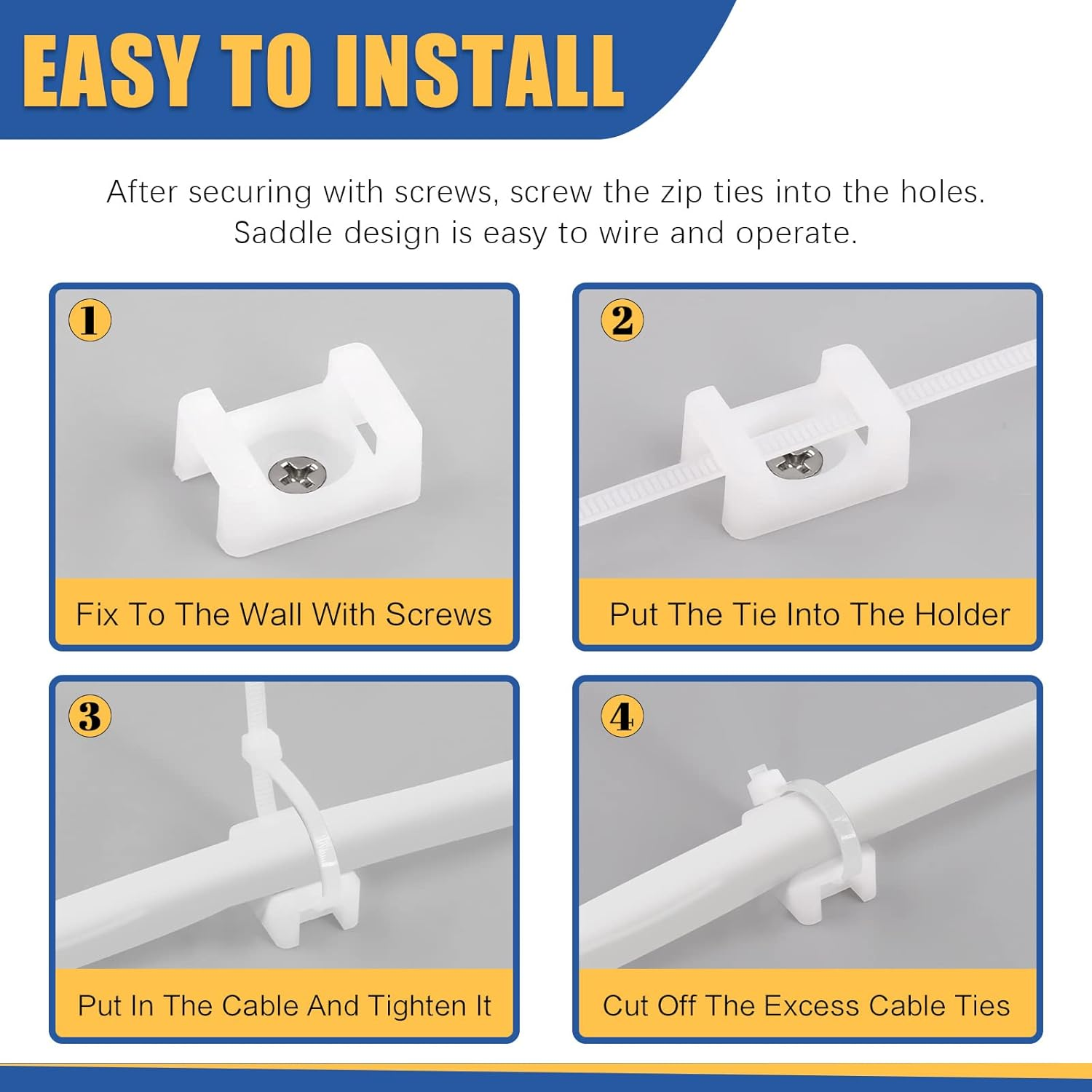 Glarks 360Pcs White Cable Tie Base and Cable Zip Ties with Mounting Screws Set, 120Pcs 3MM 4MM 6MM Saddle Type Mount Wire Holder and 120Pcs 6 Inch Self-Locking Cable Tie with 120Pcs Pan Head Screws image number 5