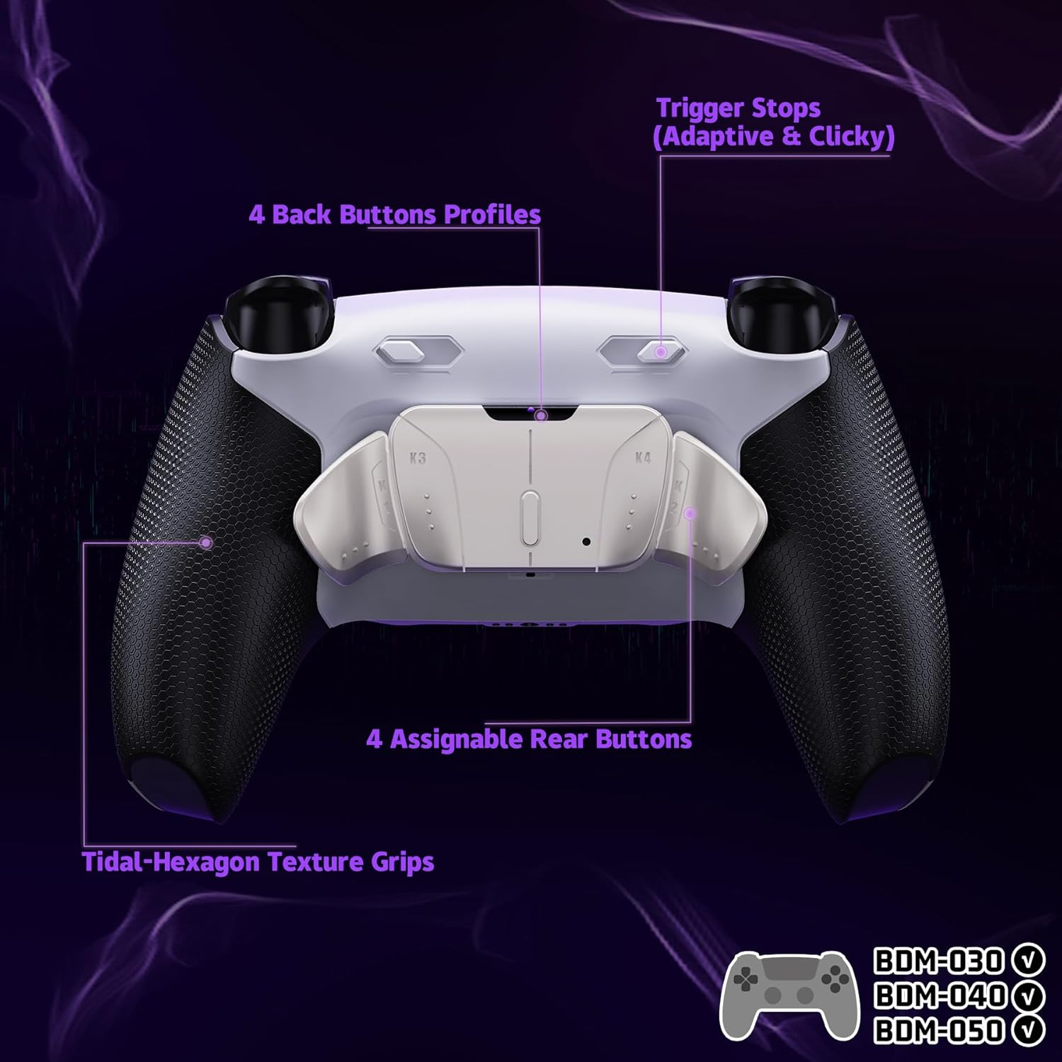 Extremerate RISE4 plus MAX RMB Back Paddles Kit with Clicky Trigger Stops & Rubberized Grip for PS5 Controller BDM-030 040 050, Remappable Real Metal Back Buttons Kit for PS5 Controller &ndash; White Black image number 1
