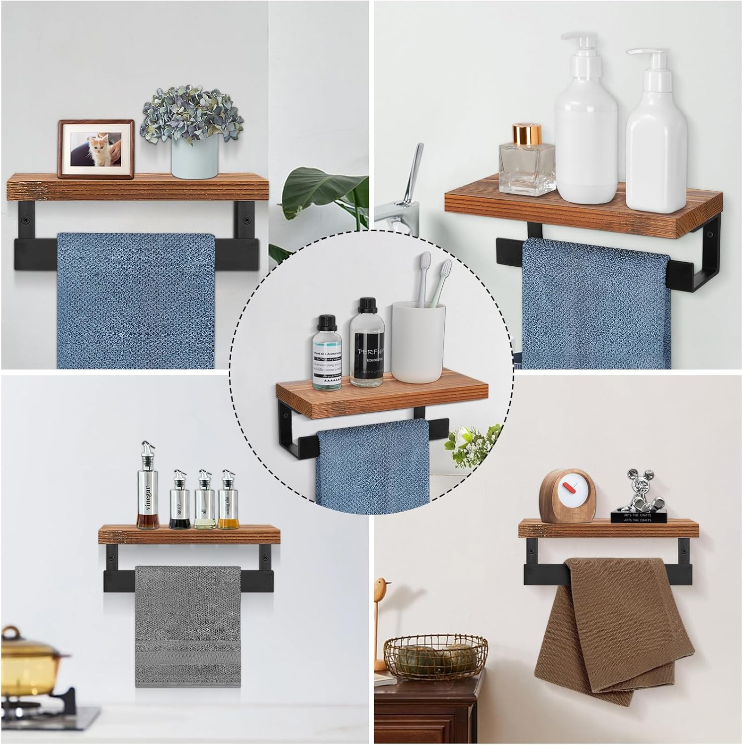 Winmien Hand Towel Holder/Towel Ring with Wooden Shelf, Premium Metal Hand Towel Rack, Hand Towel Hanger for Bathroom, Bathroom Accessories Wall Mounted (Matte Black, 9 Inch)