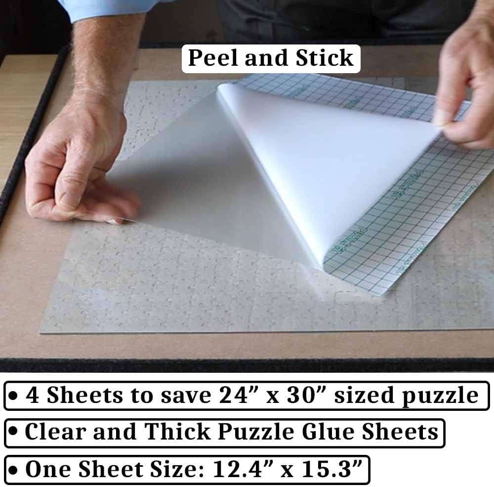 PUZZLE EZ Preserve 5 X 1000 Piece Puzzle Glue Sheets Clear Saver Peel and Stick Extra Large Thick No Mess Adhesive Sheets with Hanging Tabs for Puzzle Framing