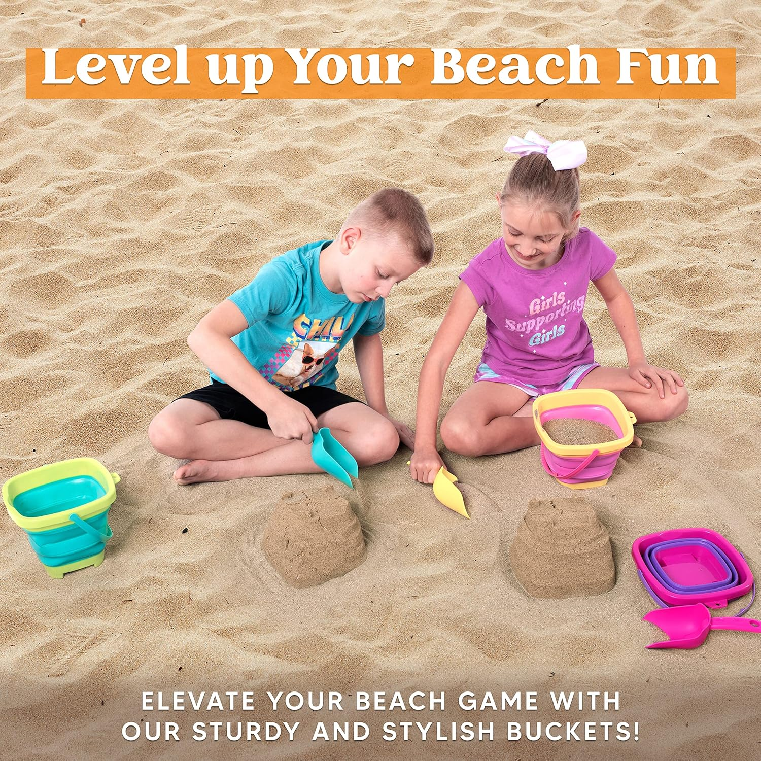 Sloosh 3 Packs Beach Bucket - Collapsible Bucket with Sand Shovels and Mesh Backpack for Kids Toddlers Beach Toys, Easter Egg Hunt, Camping, Travelling and Fishing Water Pail image number 4