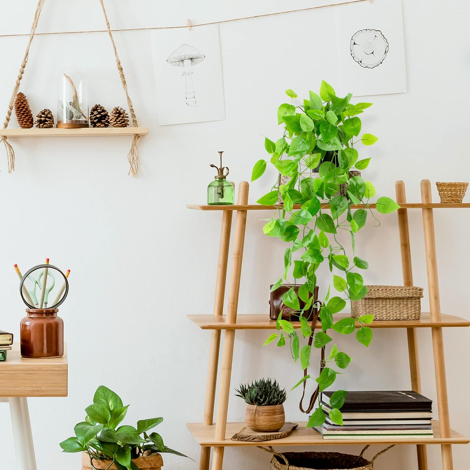 LOYWREE Small Fake Hanging Plant Artificial Potted Plants for Indoor Outdoor Aesthetic - 39In Realistic Faux Hanging Pothos with Ivy Vine for Shelf Decor in Home Office Gardens Greenery (Black Pot) image number 1