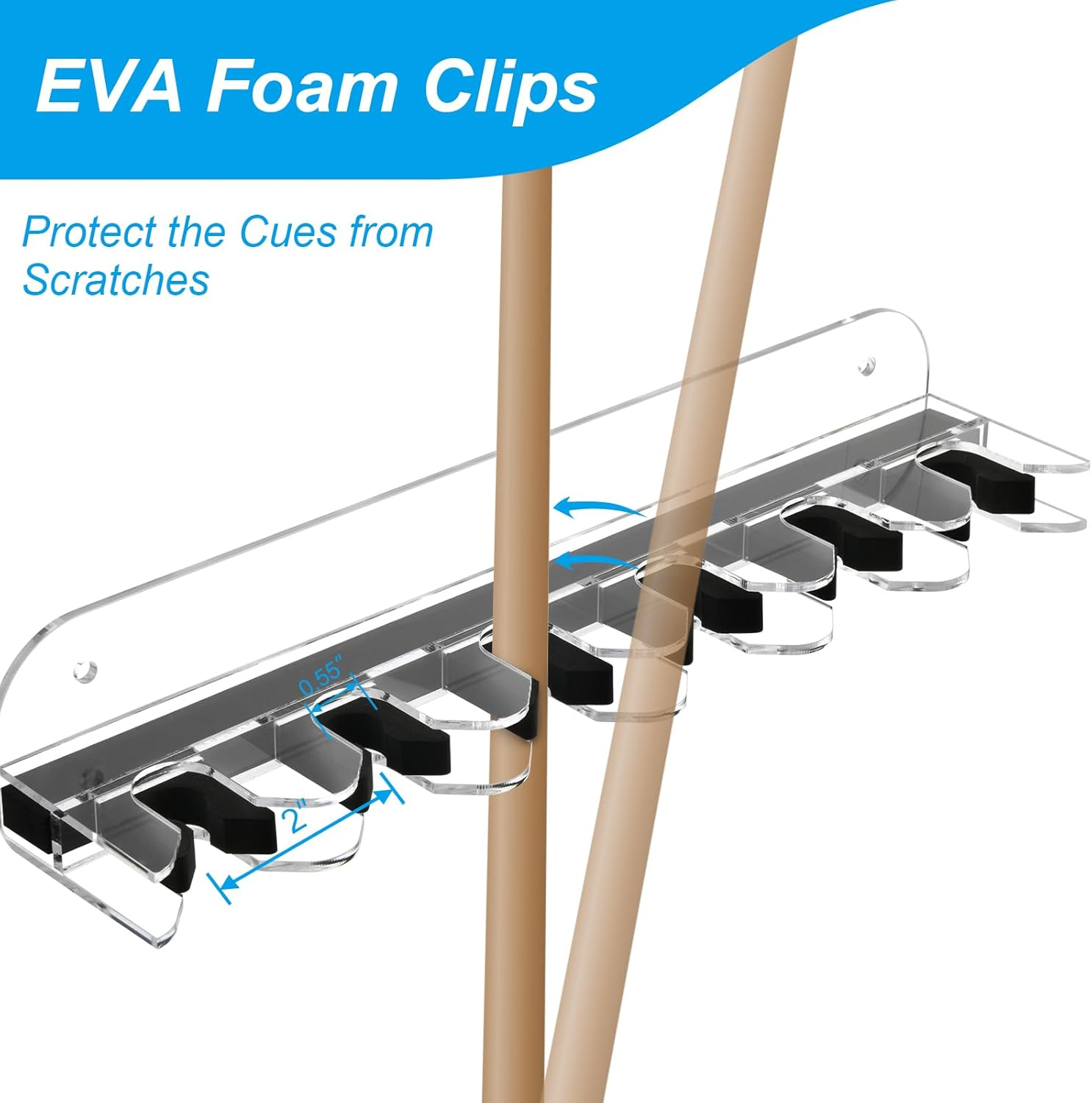 Cosmos Acrylic 2-Piece Billiard Cue Rack Wall Mount Billiard Stick Holder Wall Rack, Eva Foam Cue Clips Holds 6 Pool Cues, Billiard Pool Equipment Accessories (Transparent Clear)