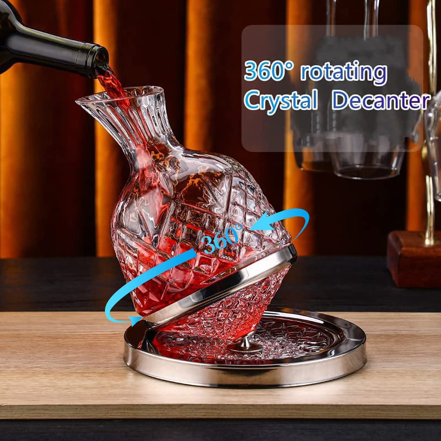 Crystal Wine Decanter Lead-Free Crystal Glass, 360 Degree Spinning, 1.5L Red Wine Aerator Great Gift Box, Wine Accessories
