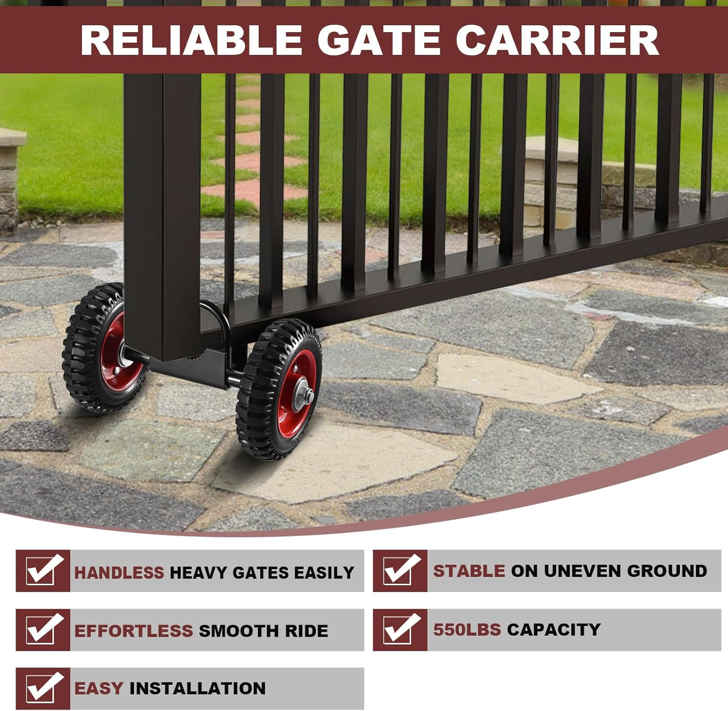Soiiw Rolling Gate 6 Inch Rubber Wheel Carrier Heavy Duty for Driveway Chain Link Fence Metal Tube Gates and Rolling/Sliding Gates 550Lb Capacity,1-Pack (6 Inch-2 Wheel(One U-Bolt 2Inch)) image number 2