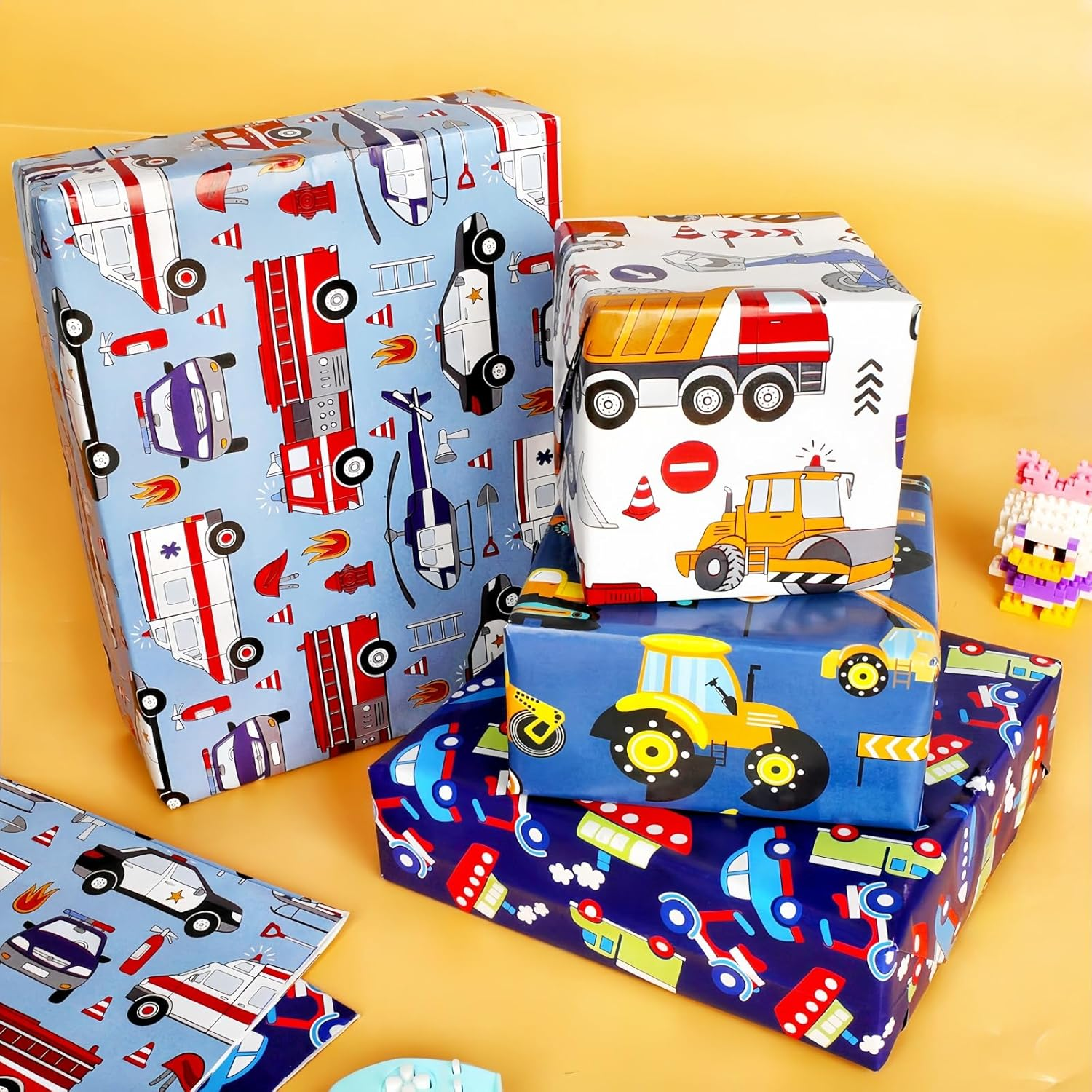 ZCOINS 4 Sheets 70 X 50CM Vehicle Wrapping Paper for Kids Mens Police Car Ambulance Fire Truck and Helicopter Emergency City Rescue Theme Transport Gift Paper Bulk for Birthday Party DIY Crafts Supply image number 1