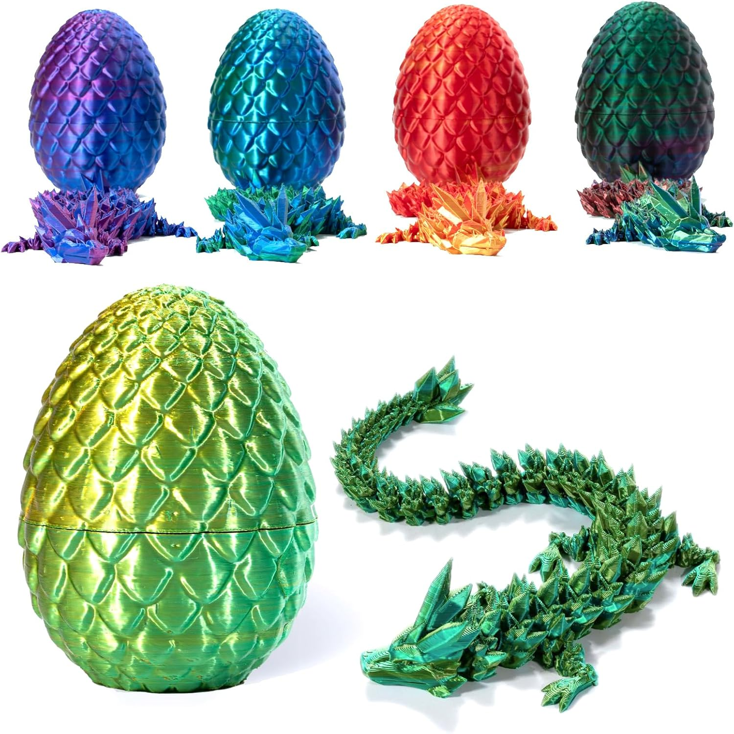 3D Printed Dragon in Egg, Full Articulated Dragon Crystal Dragon with Dragon Egg, Home Office Decor Executive Desk Toys, Adults Fidget Toys for Autism/Adhd (Laser Yellow&Green, 12")