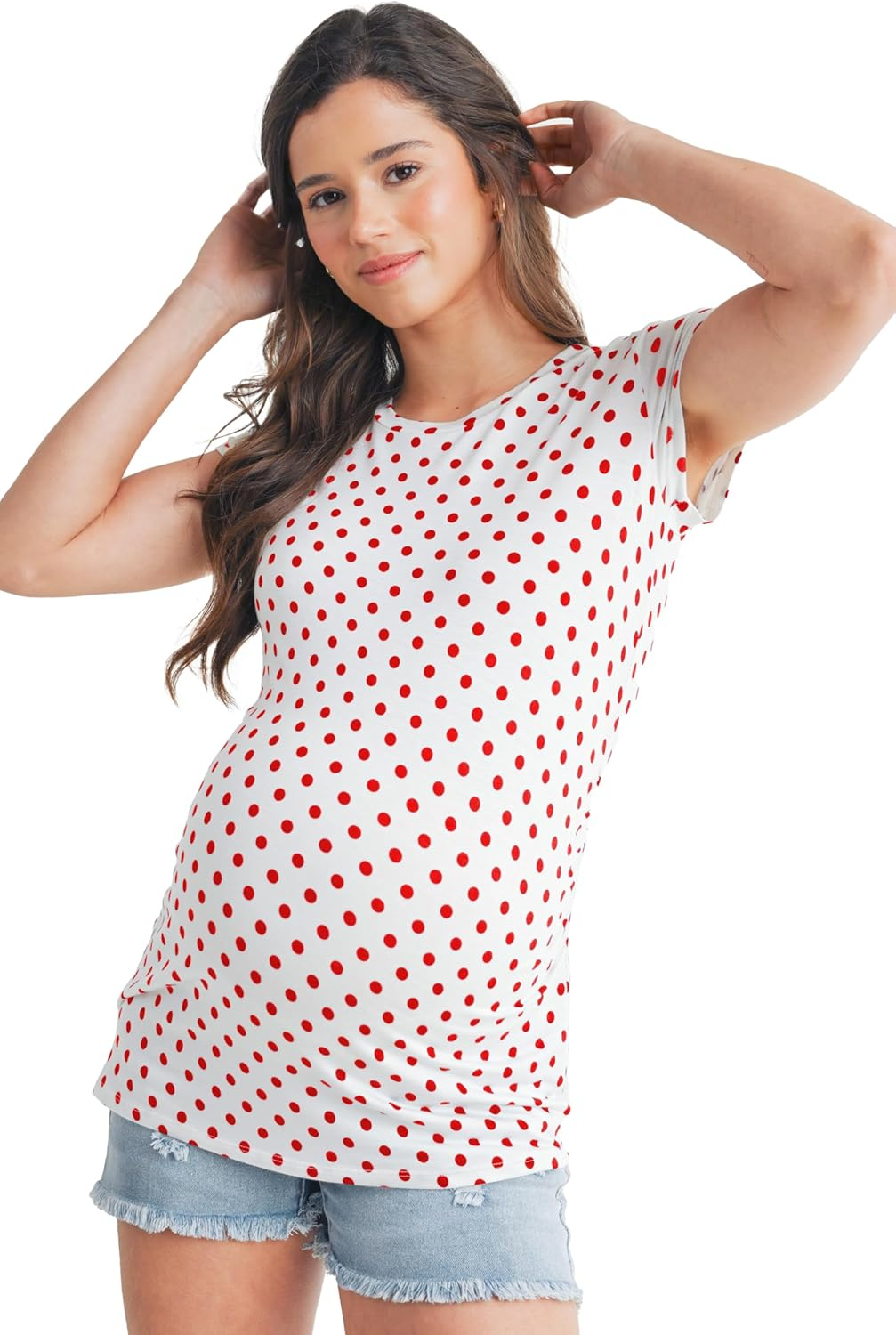 Women'S Short Sleeve Crewneck Shirt Ruched Polka Dot Maternity Top