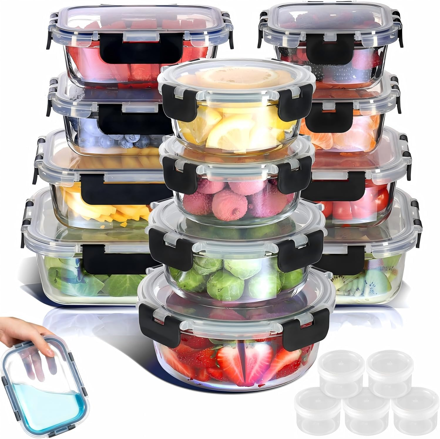 17 Pack Glass Food Storage Containers with Airtight Lids, Food Containers, Glass Lunch Containers, Kitchen Storage & Organisation for Oven, Microwave, Dishwasher and Freezer (Black)