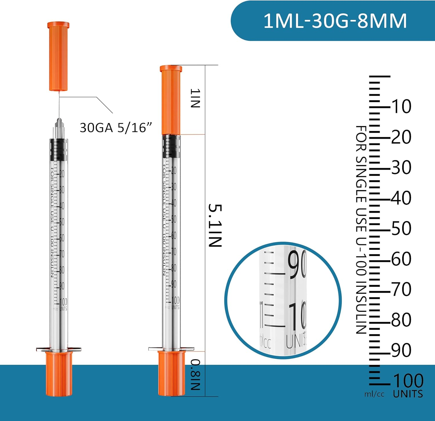 U-100 Syringes with 1Ml/Cc 30G 5/16 Inch 8Mm Needle, Disposable Syringe for Lab Dispensing Supplies, Individually Wrapped, Pack of 20 image number 3