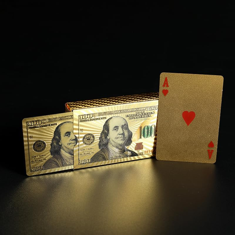 Plastic Waterproof Poker Adult Large Printing, Professional Playing Cards in Bulk, Sets for Outdoor, Travelling, Seaside, Pool and Other Waterfront. (Plastic, Coloured Gold Dollars Poker)