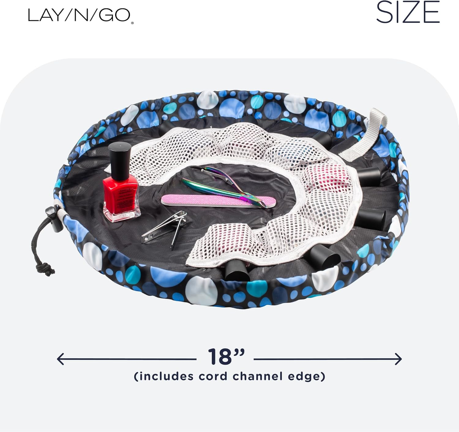 Lay-N-Go Nailspa Drawstring Cosmetic Bag - Portable Nail Supplies Organizer Bag W/ 8 Elastic Mesh Pockets & Circular Center - Durable, Machine Washable Nail Kit Organizer, Dot Calm (Blue), 18 Inch image number 6