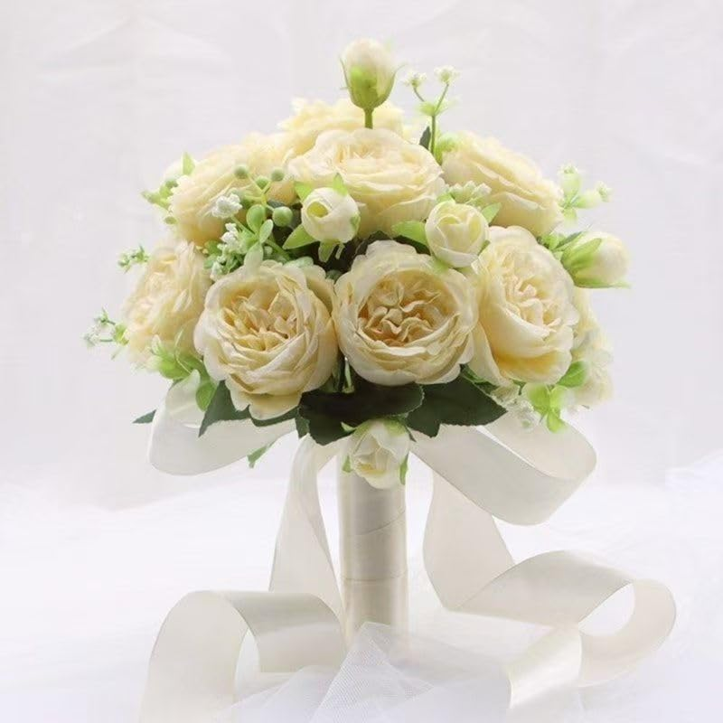 Hbluefat Wedding Small Faux Bouquets for Bride, Bridal Bridesmaid Mini Artificial Bouquet Wedding, Fake Silk Flowers with Ribbon for Valentine'S Day, Home Decor (Champagne)