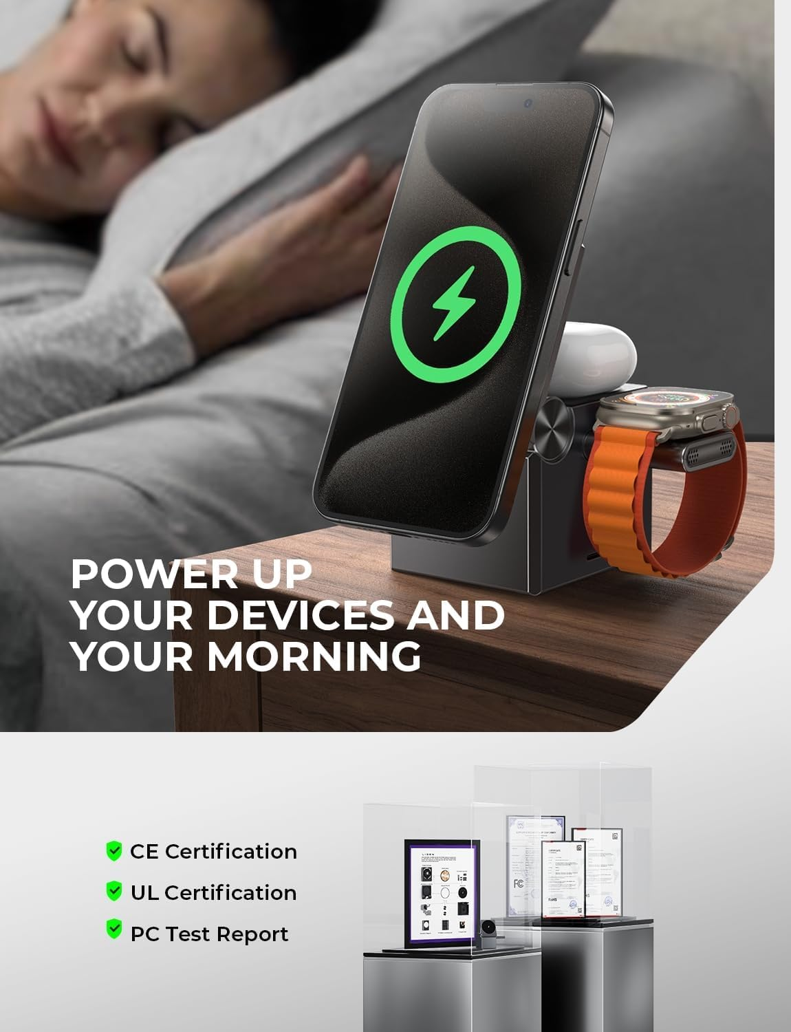 LISEN 3 in 1 Wireless Charger Apple [With 30W Adapter&60W USB C Cable] 2025 Qi2 Wireless Charger, 15W Magsafe Charger Iphone Fast Charger Wireless Charging Station for Iphone 17, Apple Watch, Airpods