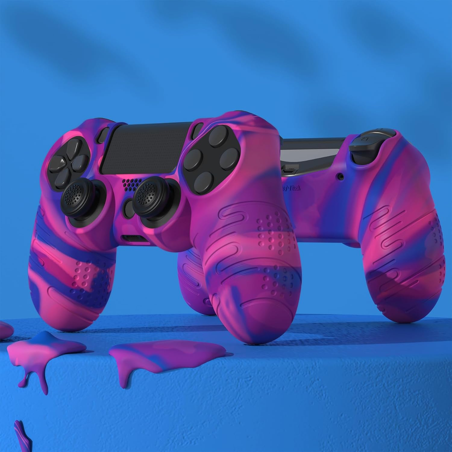 Playvital Line & Dot Pink & Purple & Blue Silicone Cover Skin for Ps4 Controller, Anti-Slip Soft Protector Case Cover with Thumb Grip Caps image number 3