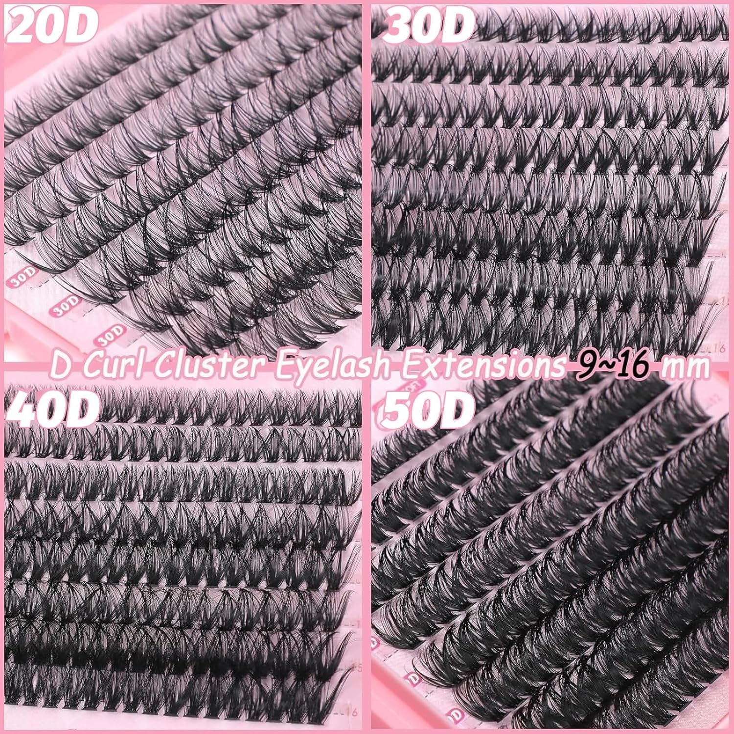 Lash Clusters Kit, 640 Pcs Eyelashes Clusters Extensions Kit 9-16Mm Individual Lashes D Curl Flufffy Wispy False Eyelashes Thin Band, with Bond Seal Tweezers Brush DIY (20D+30D+40D+50D Set 9-16Mm) image number 6