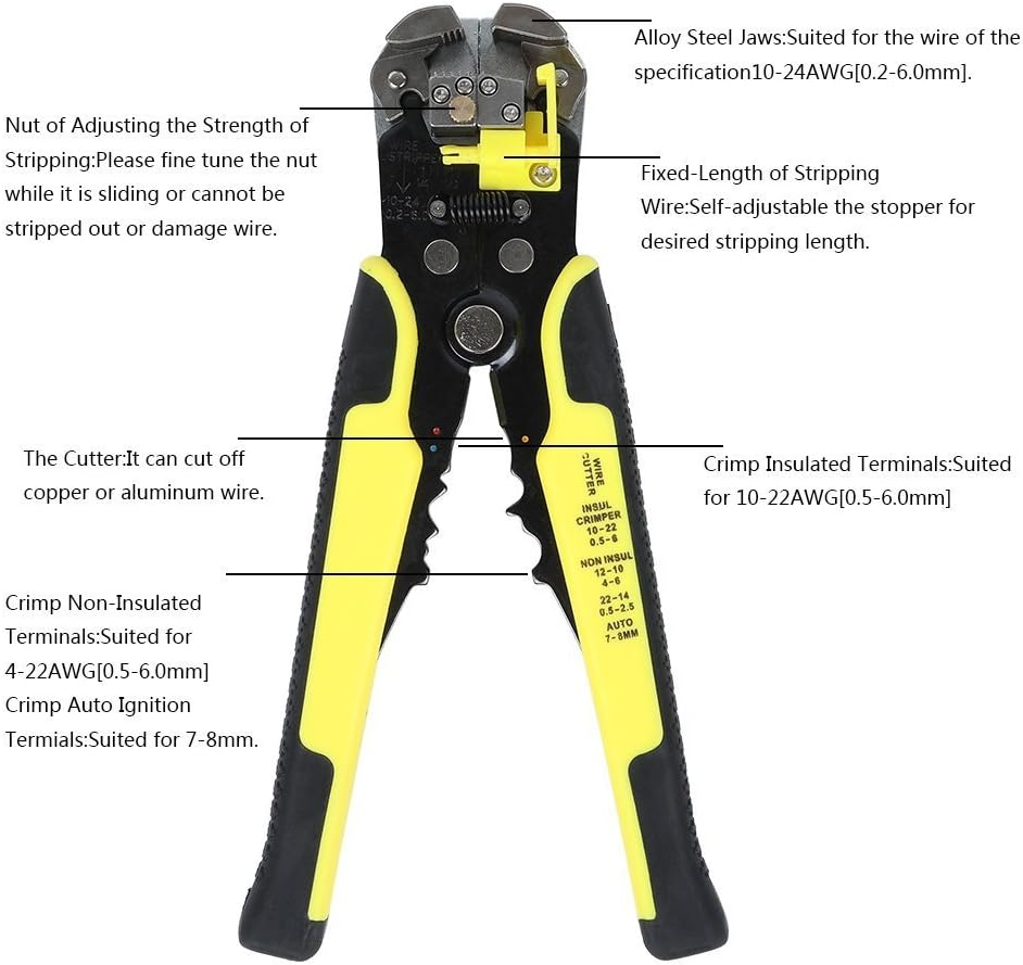 Valuehall Wire Stripper Plier, Self-Adjusting Automatic Wire Stripper Multifunctional Cable Stripping Cutting Peeling Pliers Tool AWG 24-10(0.2~6.0Mm&sup2;) V7008-1 image number 6