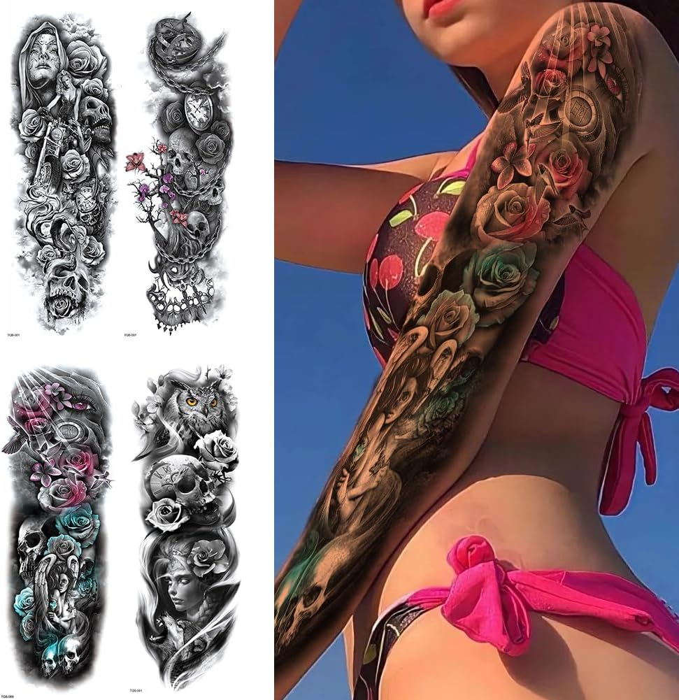 Temporary Tattoo Sticker Skull Crossbones Flower Fake Tattoo Body Abstract for Men Women for Boys Girls Couple Lover image number 3