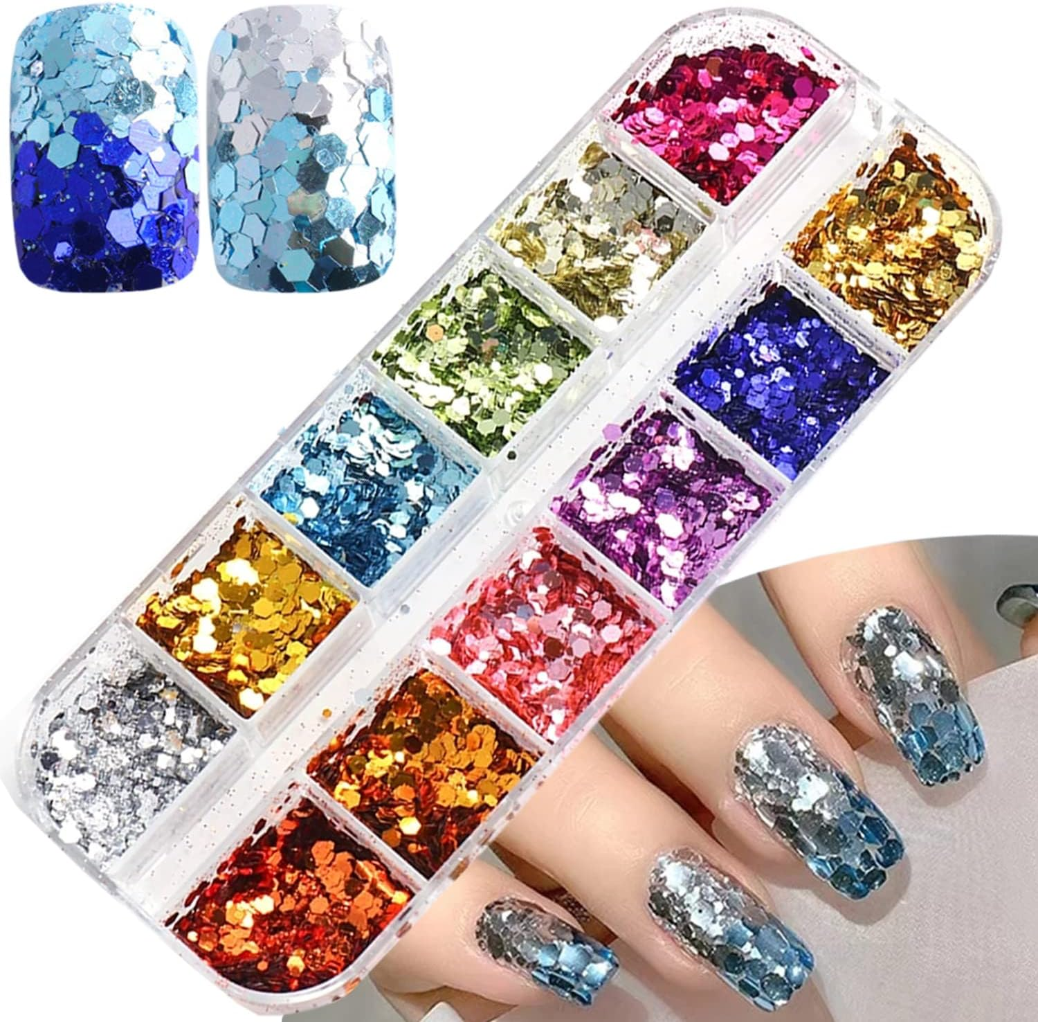 Holographic Nail Glitter Foils, 12 Colors Sparkly Ultra-Thin Aluminum Foil Nail Art Flakes Design, Laser Nail Sequins Acrylic Supplies for Women Girls Manicure Charms Decorations, DIY 3D Nail Art Tips image number 1