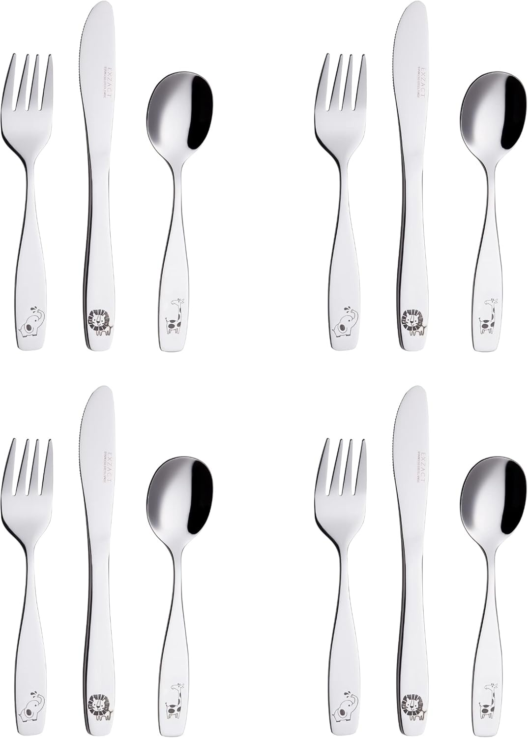 Exzact Children'S Cutlery12Pcs Stainless Steel 18/10 Kids Cutlery/Toddler Utensils/Flatware - 4 X Forks, 4 X Safe Dinner Knives, 4 X Table Spoons - Safari - Giraffe Elephant Lion image number 4