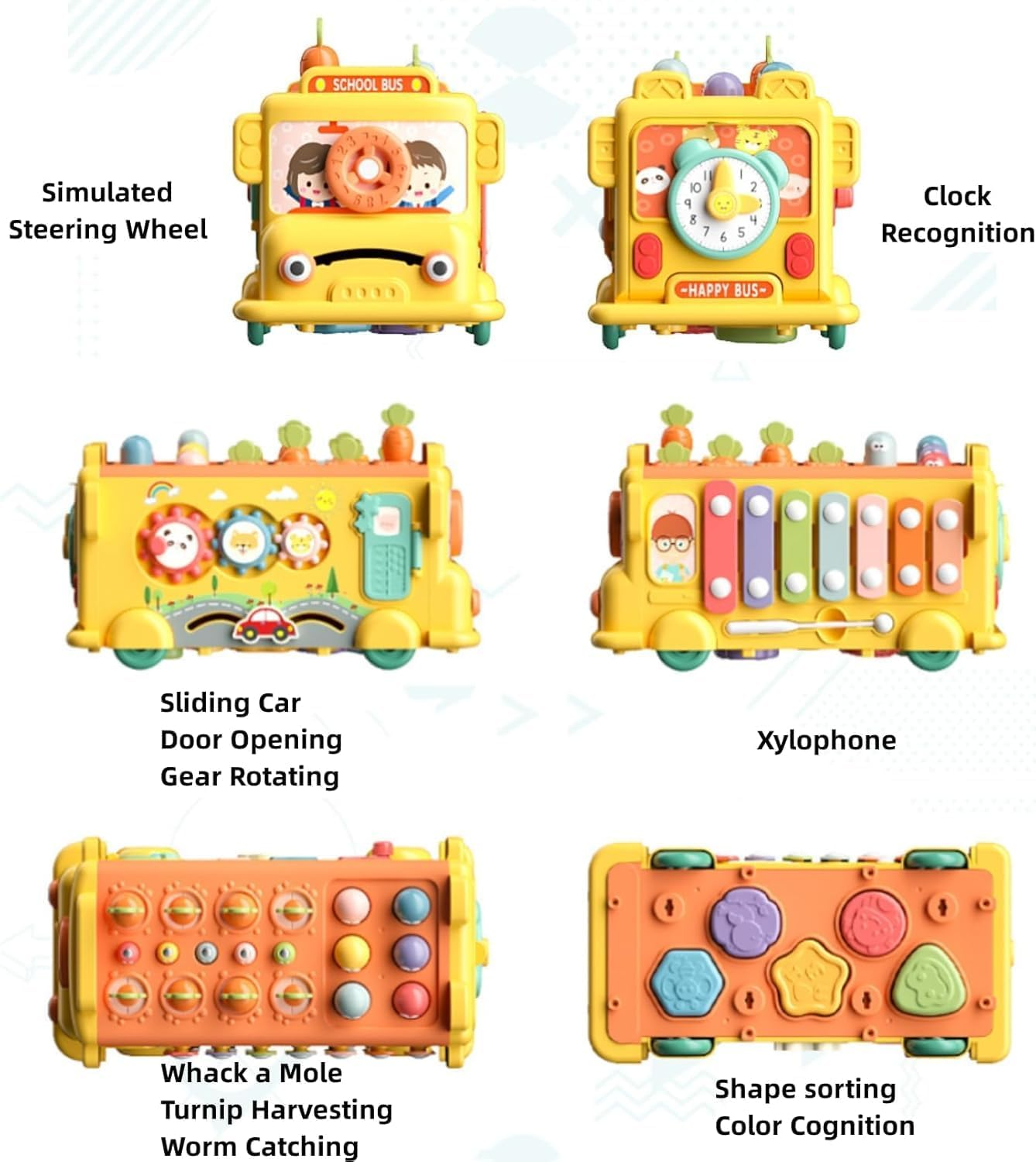 Uandhome 12-In-1 Montessori Toys for 1 2 3 Year Old Baby Boys Girls,Hammering Pounding Toy Harvest,School Bus Toy with Gears,Teaching Clock,Fishing Game and Color Matching for Kids image number 1