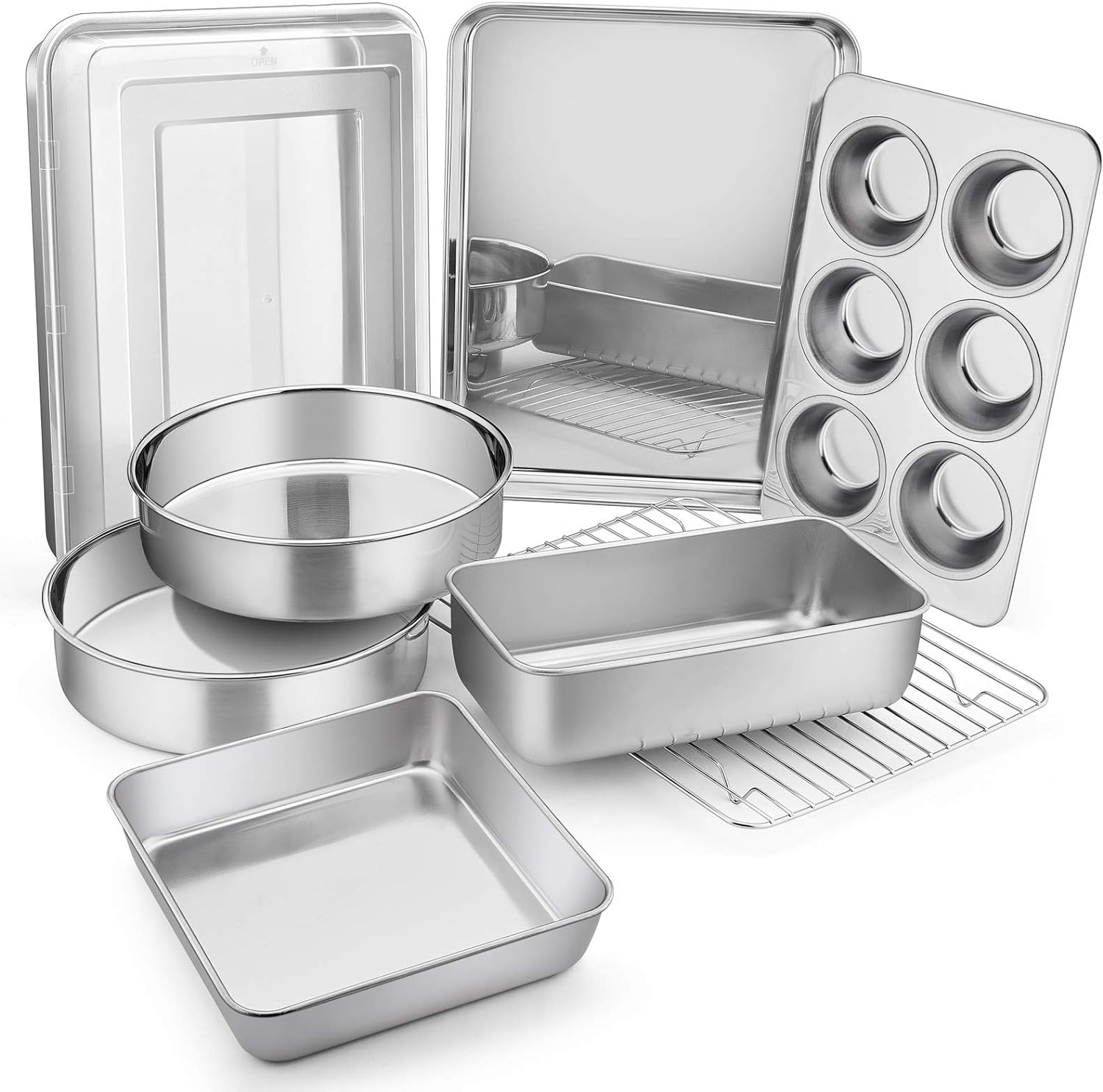 E-Far Stainless Steel Baking Pan Set, 9-Piece Bakeware Sets for Cake Cookie Loaf Muffin, Include Round, Square, Rectangle Baking Sheet Pan with Lid & Cooling Rack, Dishwasher Safe image number 1